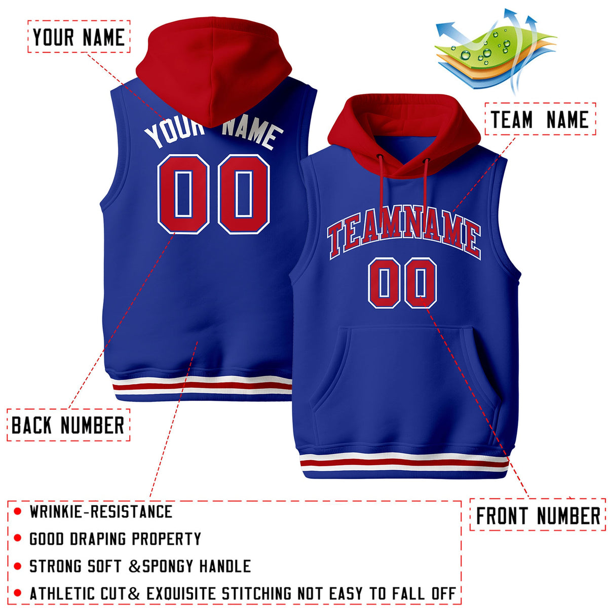 Custom Royal Blue Red White sleeveless Classic style Hoodie| KXKSHOP
