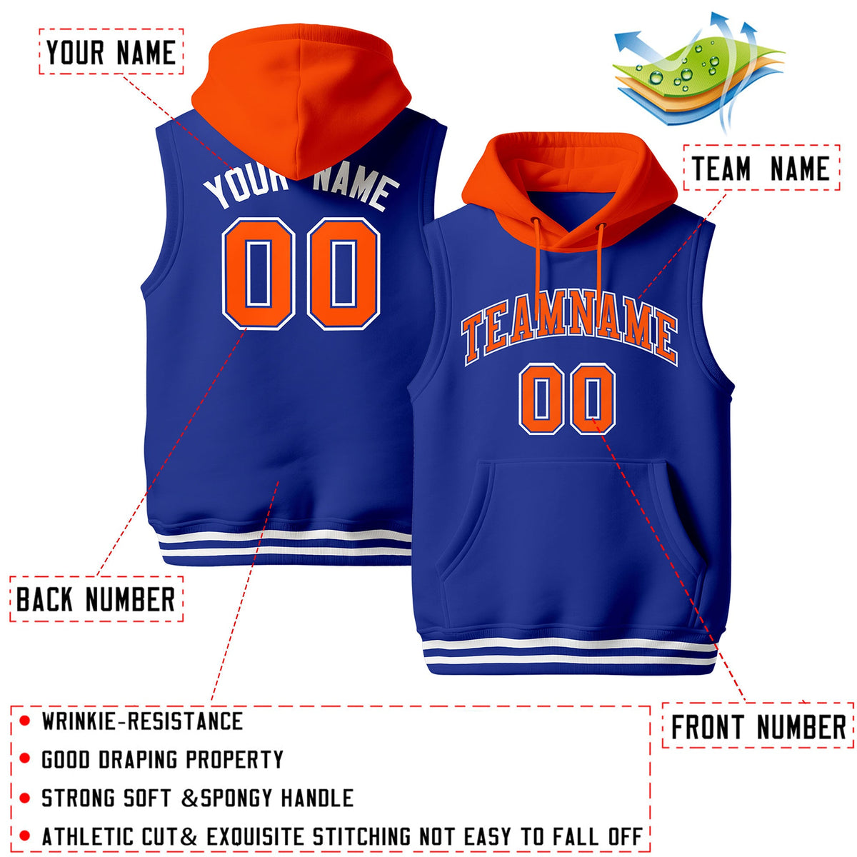 Custom Royal Blue Orange White sleeveless Classic style Hoodie| KXKSHOP