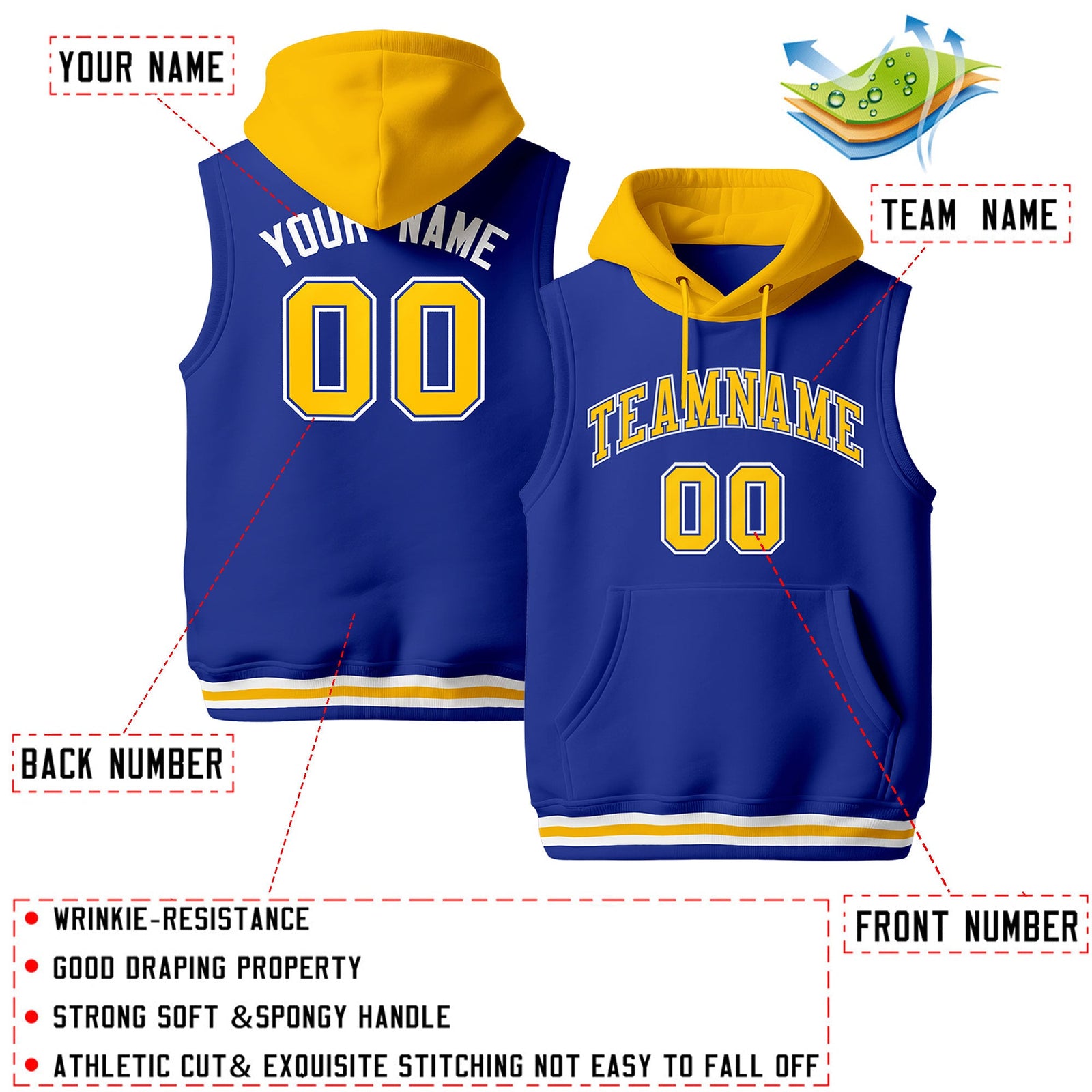 Custom Royal Blue Gold White sleeveless Classic style Hoodie| KXKSHOP