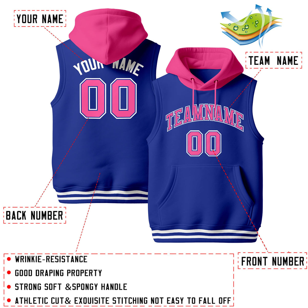 Custom Royal Blue Pink White sleeveless Classic style Hoodie| KXKSHOP