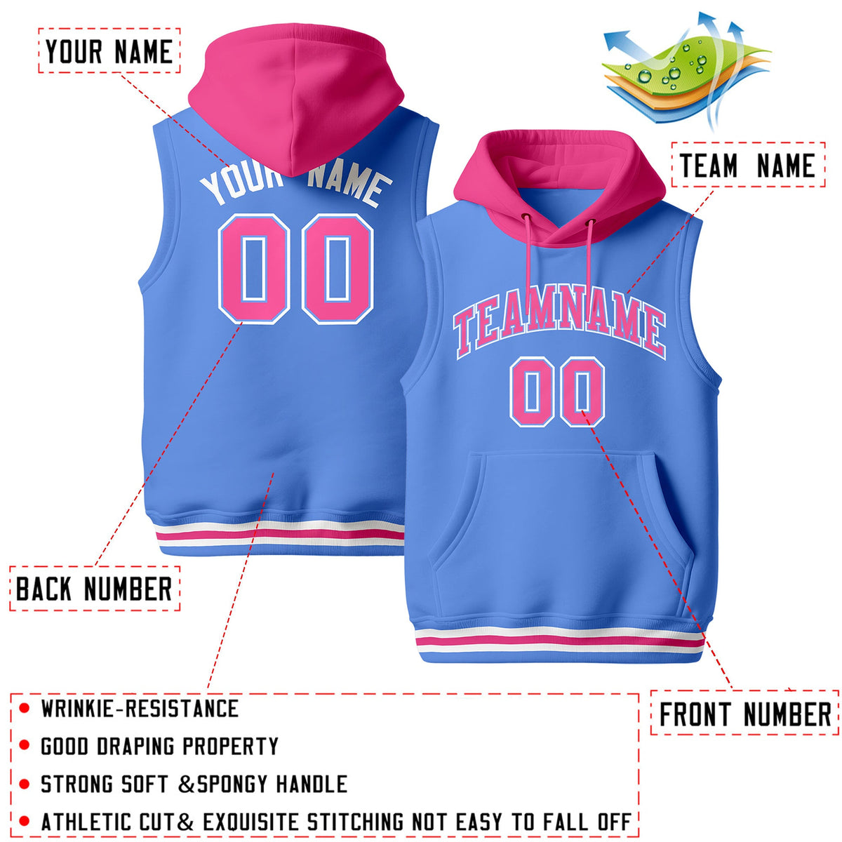 Custom Powder Blue Pink White sleeveless Classic style Hoodie| KXKSHOP