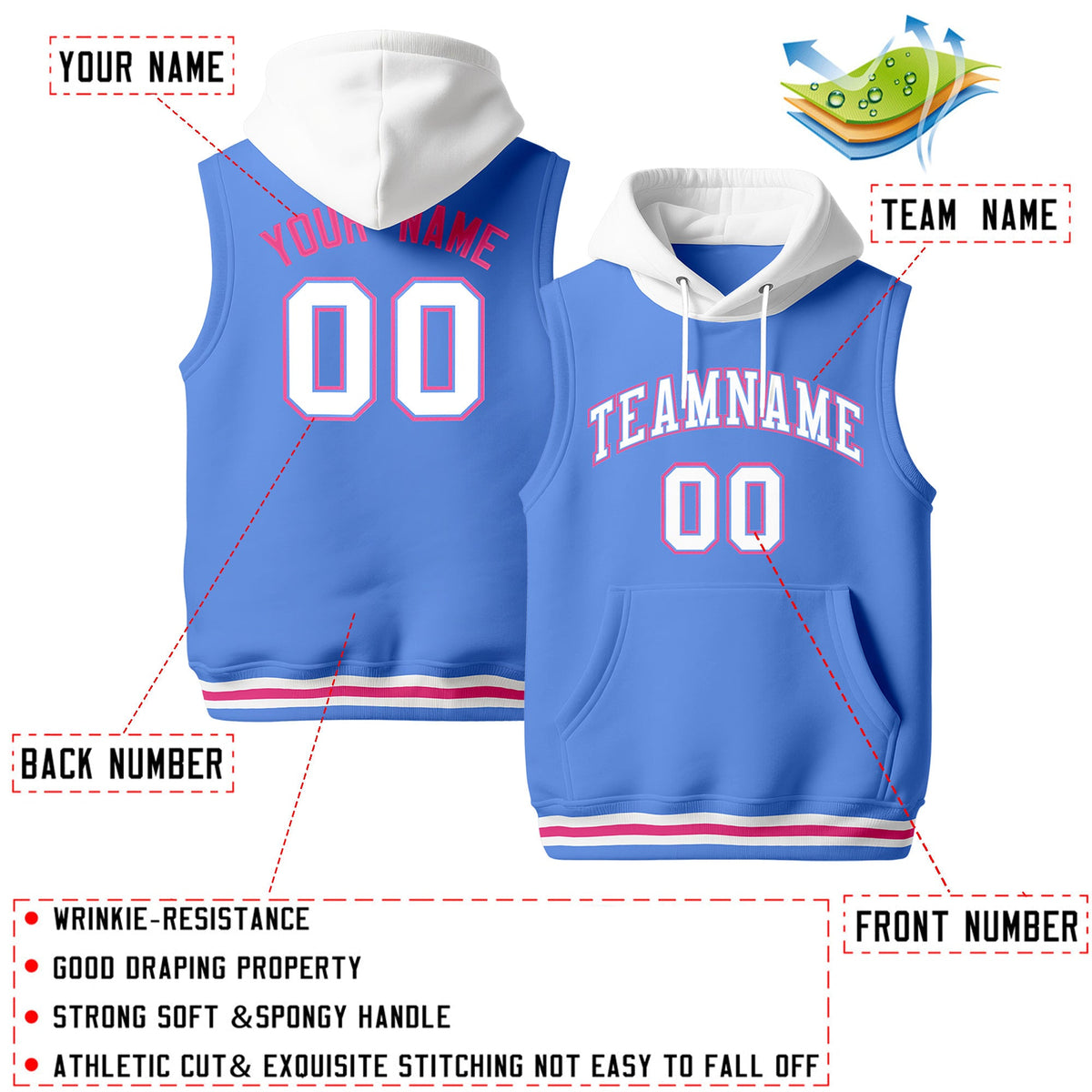 Custom Powder Blue White Pink sleeveless Classic style Hoodie| KXKSHOP