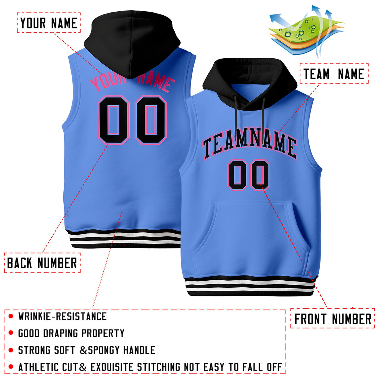 Custom Powder Blue Black White sleeveless Classic style Hoodie| KXKSHOP