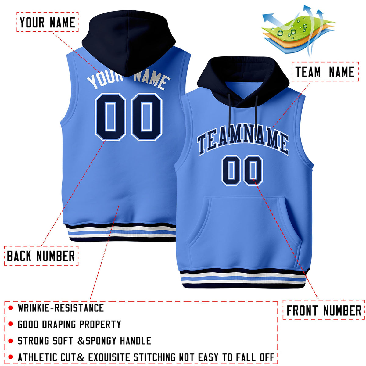Custom Powder Blue Navy White sleeveless Classic style Hoodie| KXKSHOP