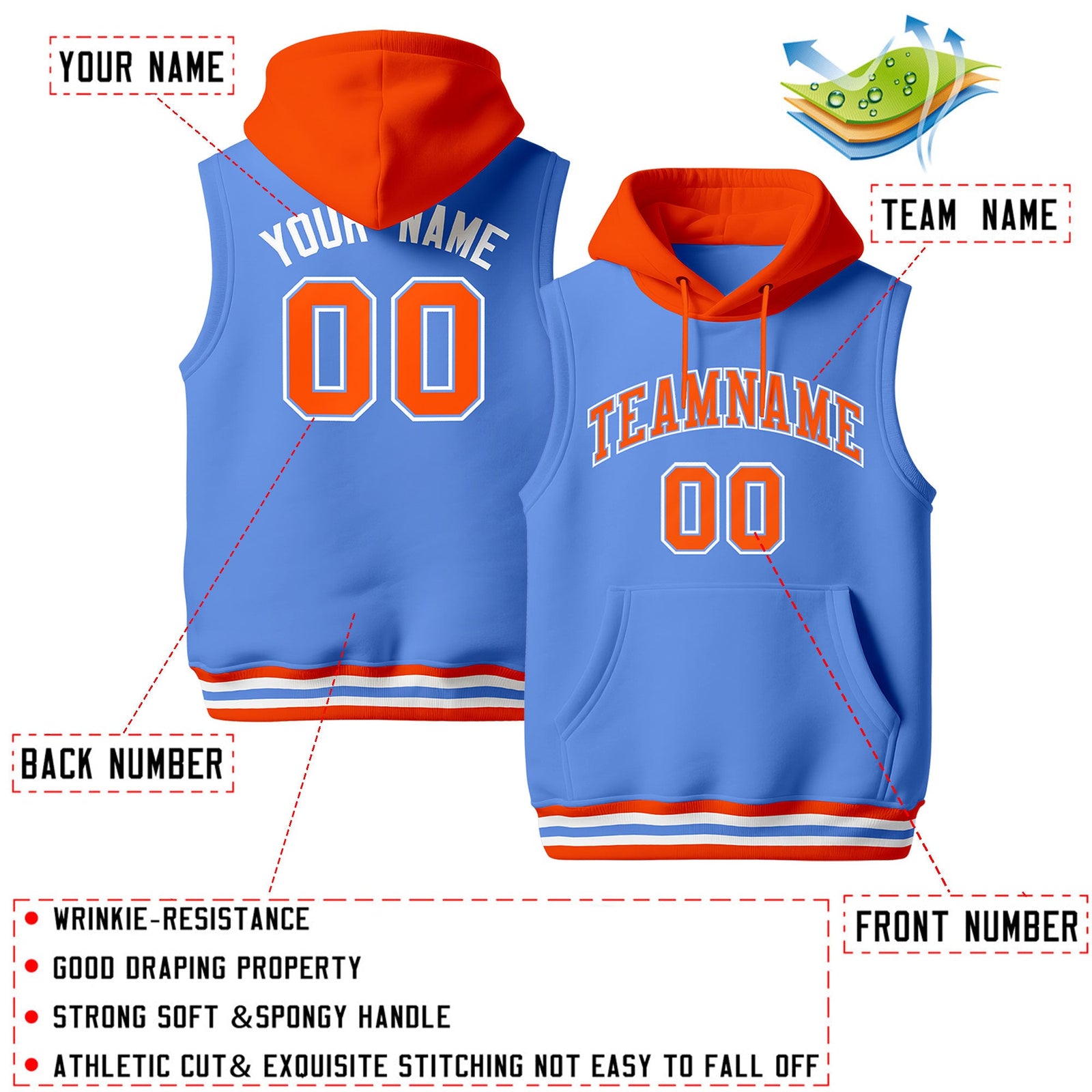 Custom Powder Blue Orange White sleeveless Classic style Hoodie| KXKSHOP