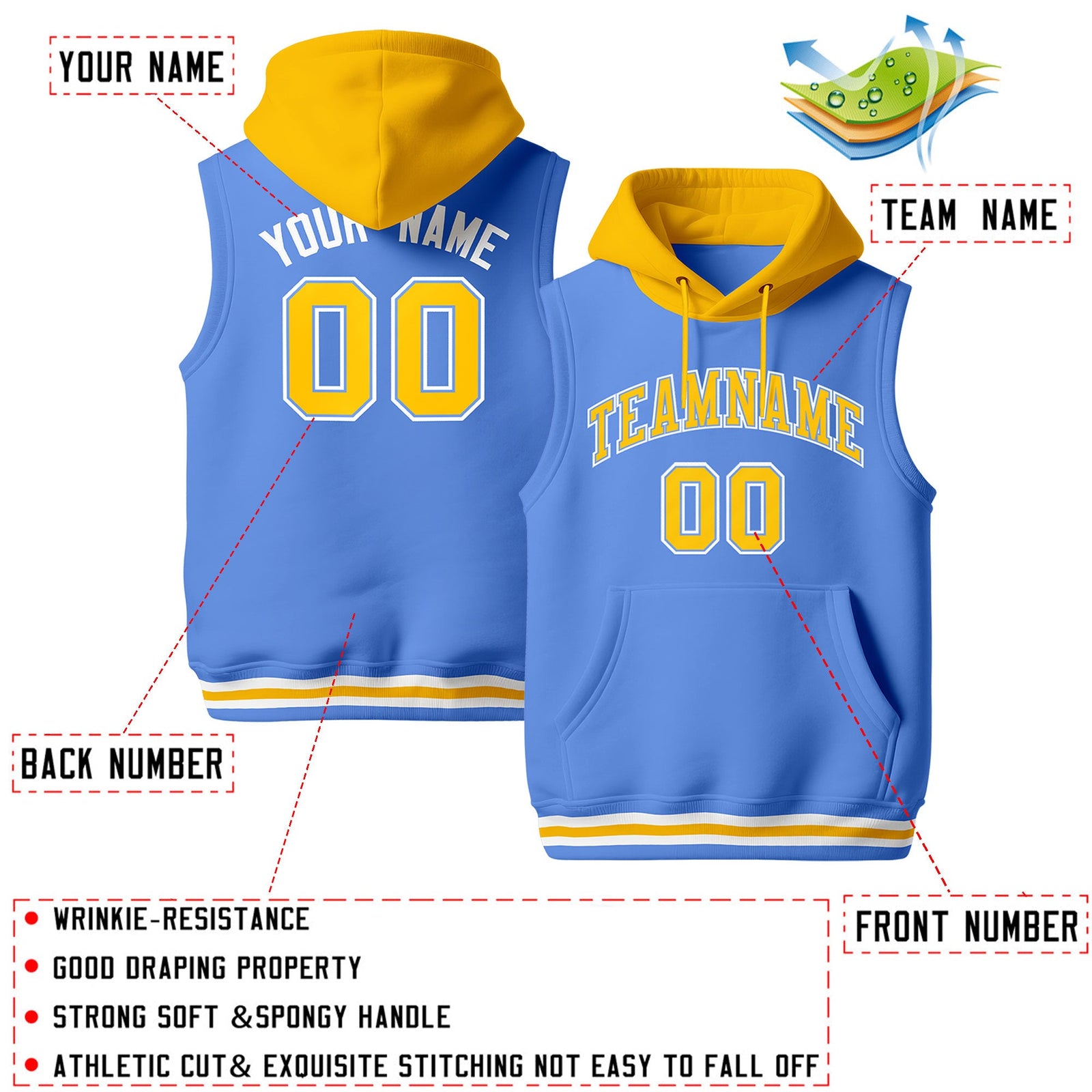 Custom Powder Blue Gold White sleeveless Classic style Hoodie| KXKSHOP
