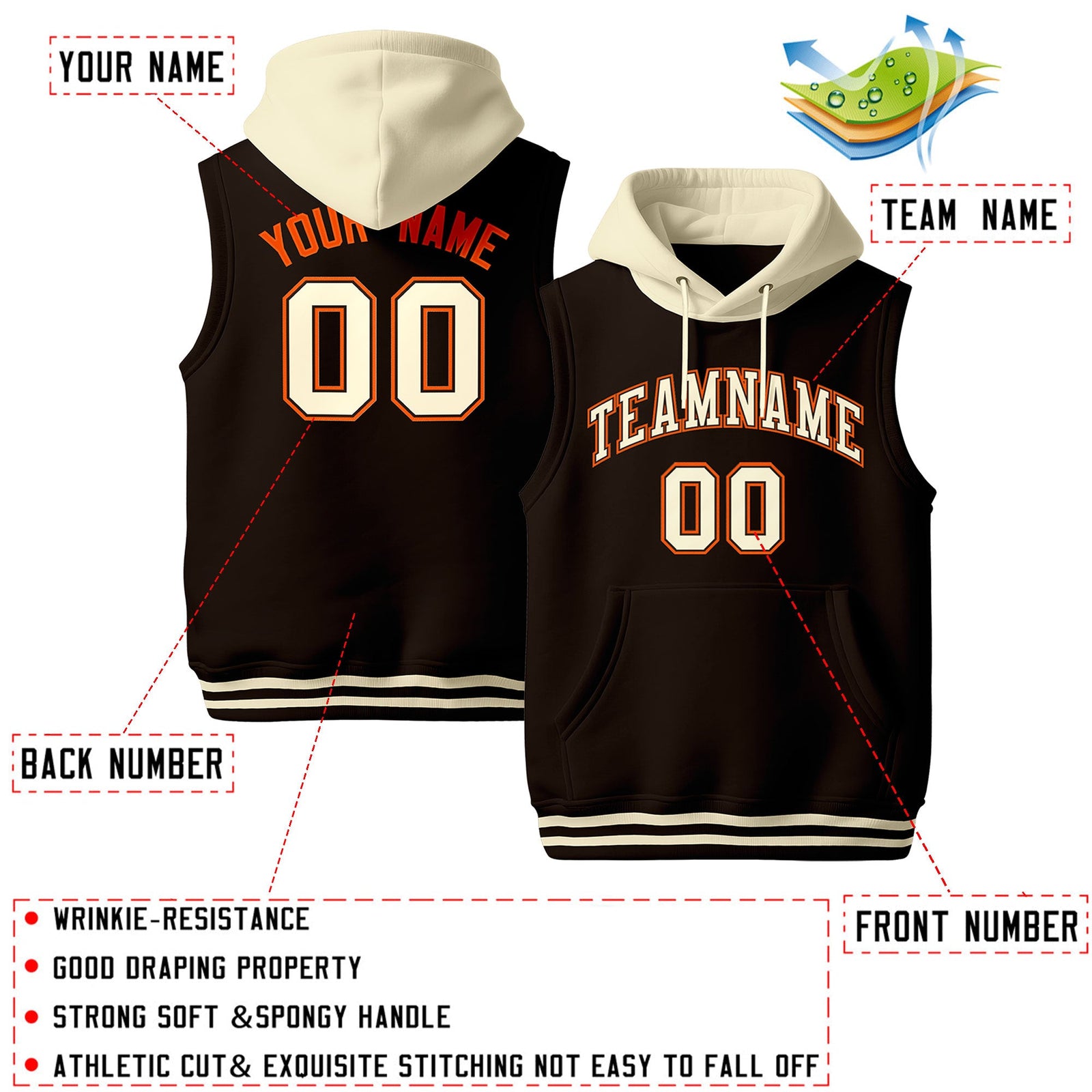 Custom Brown Cream Orange sleeveless Classic style Hoodie| KXKSHOP