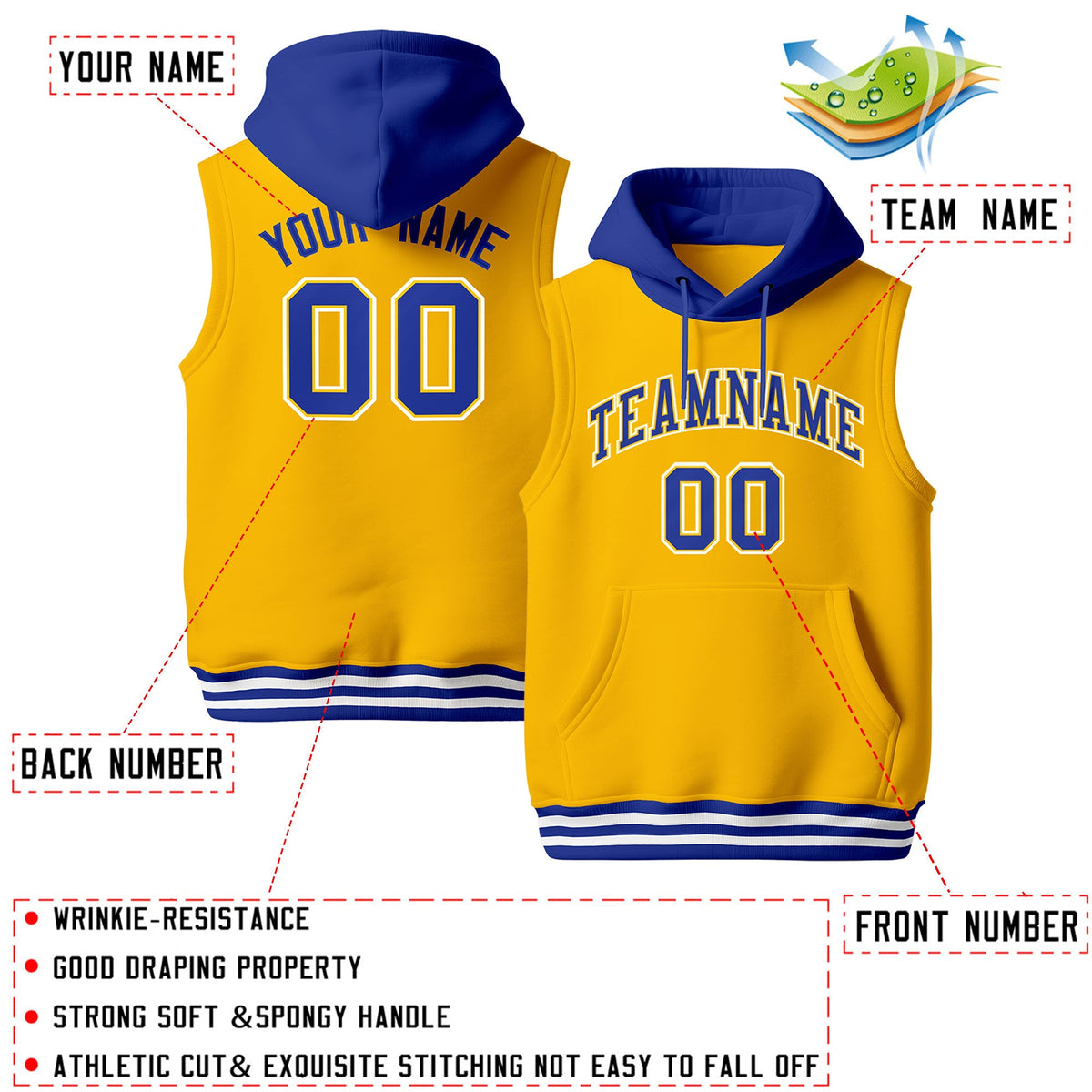Custom Gold Royal Blue White sleeveless Classic style Hoodie| KXKSHOP