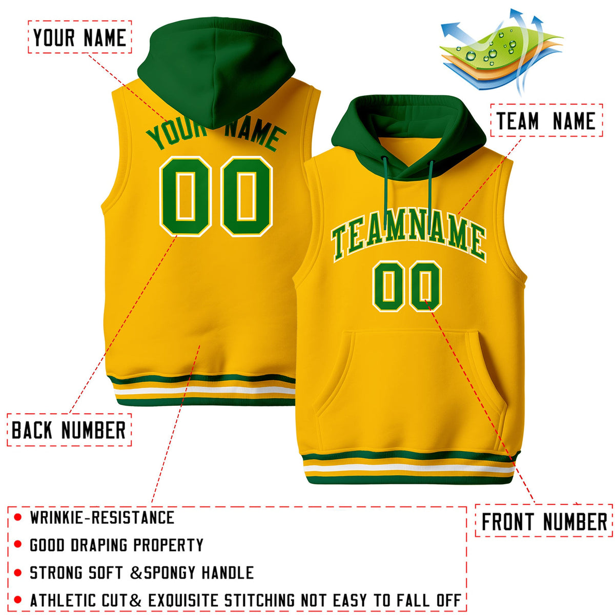 Custom Gold Kelly Green White sleeveless Classic style Hoodie| KXKSHOP