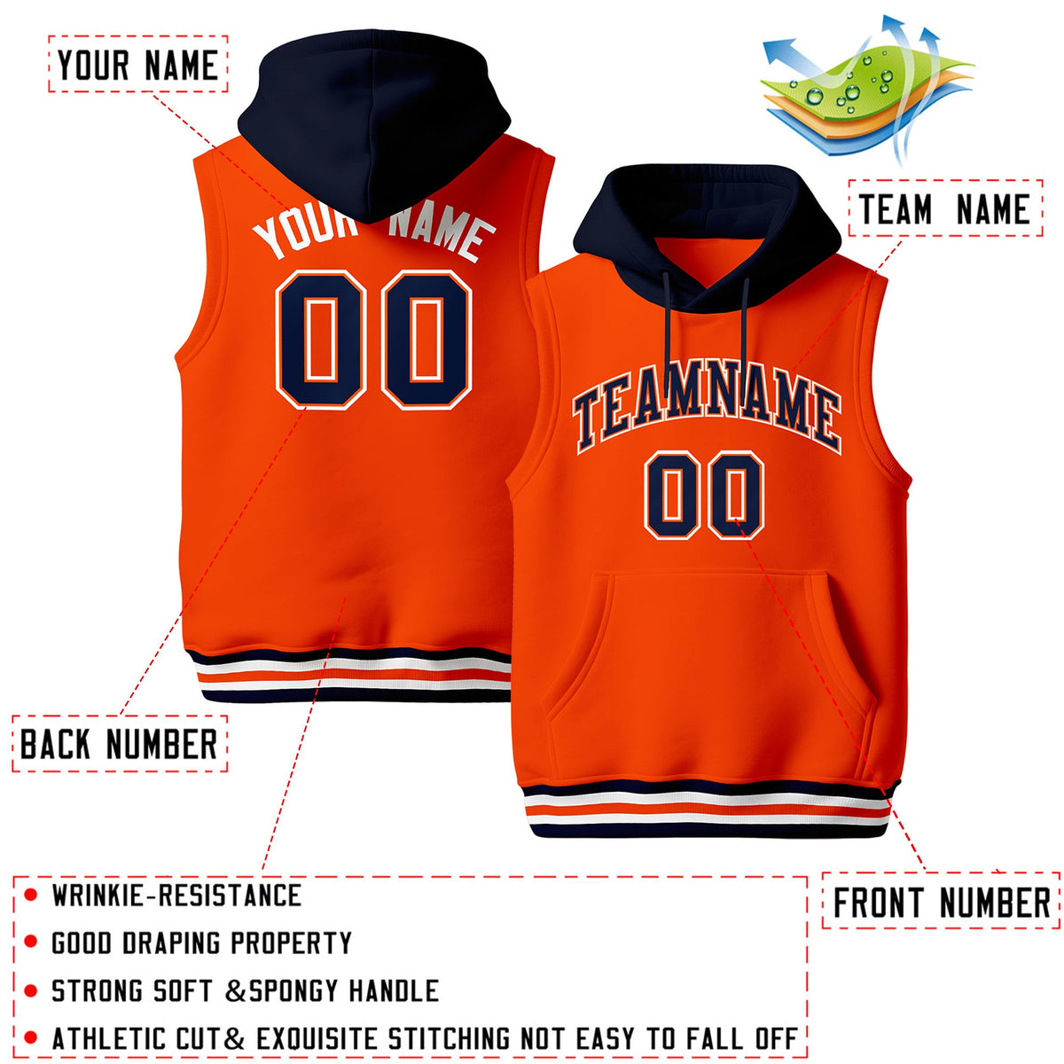 Custom Orange Navy White sleeveless Classic style Hoodie| KXKSHOP
