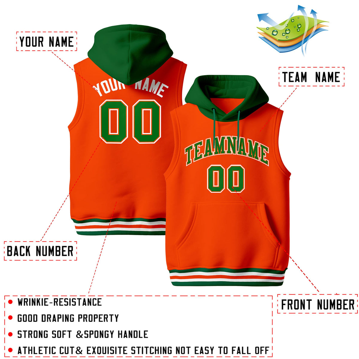 Custom Orange Kelly Green White sleeveless Classic style Hoodie| KXKSHOP