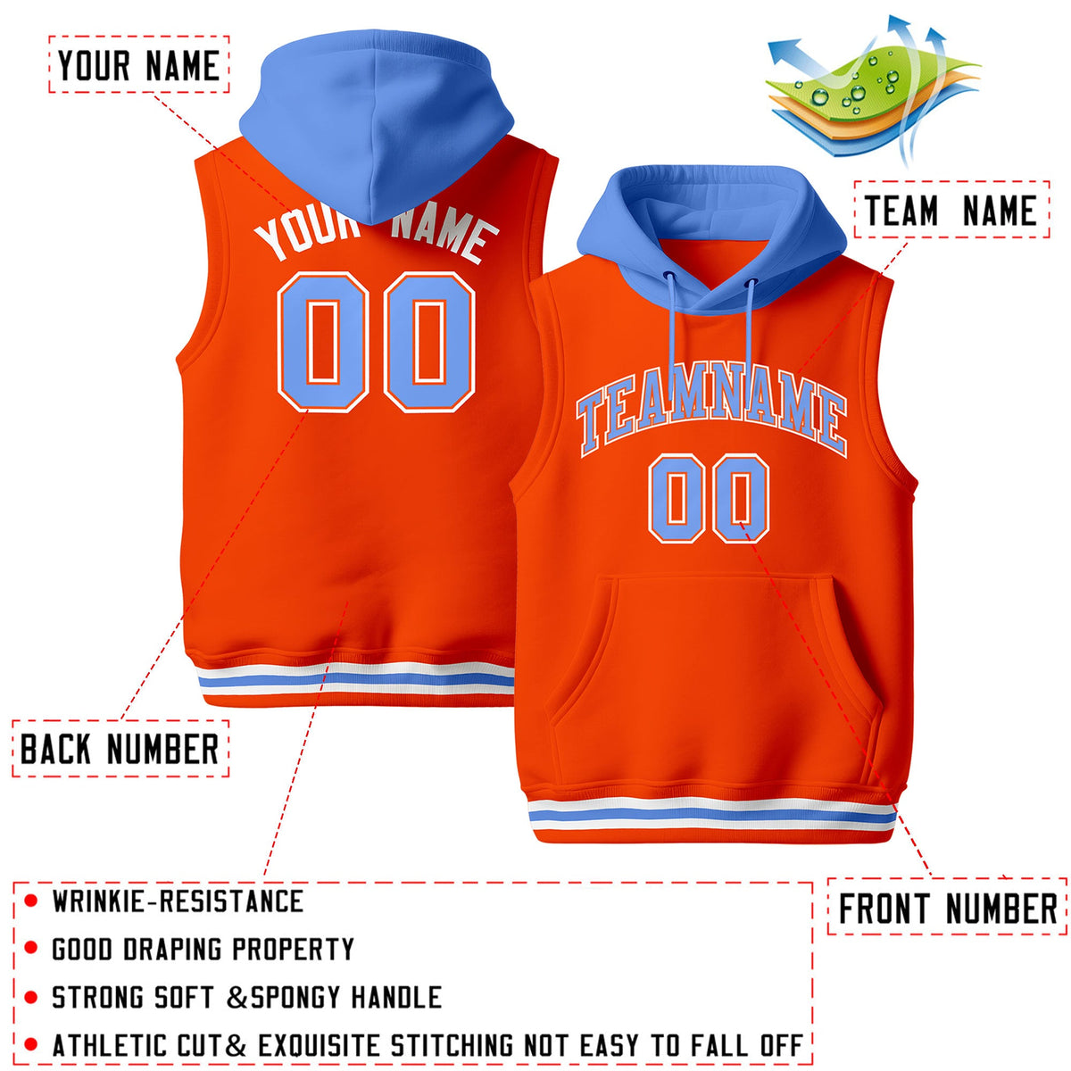 Custom Orange Powder Blue White sleeveless Classic style Hoodie| KXKSHOP