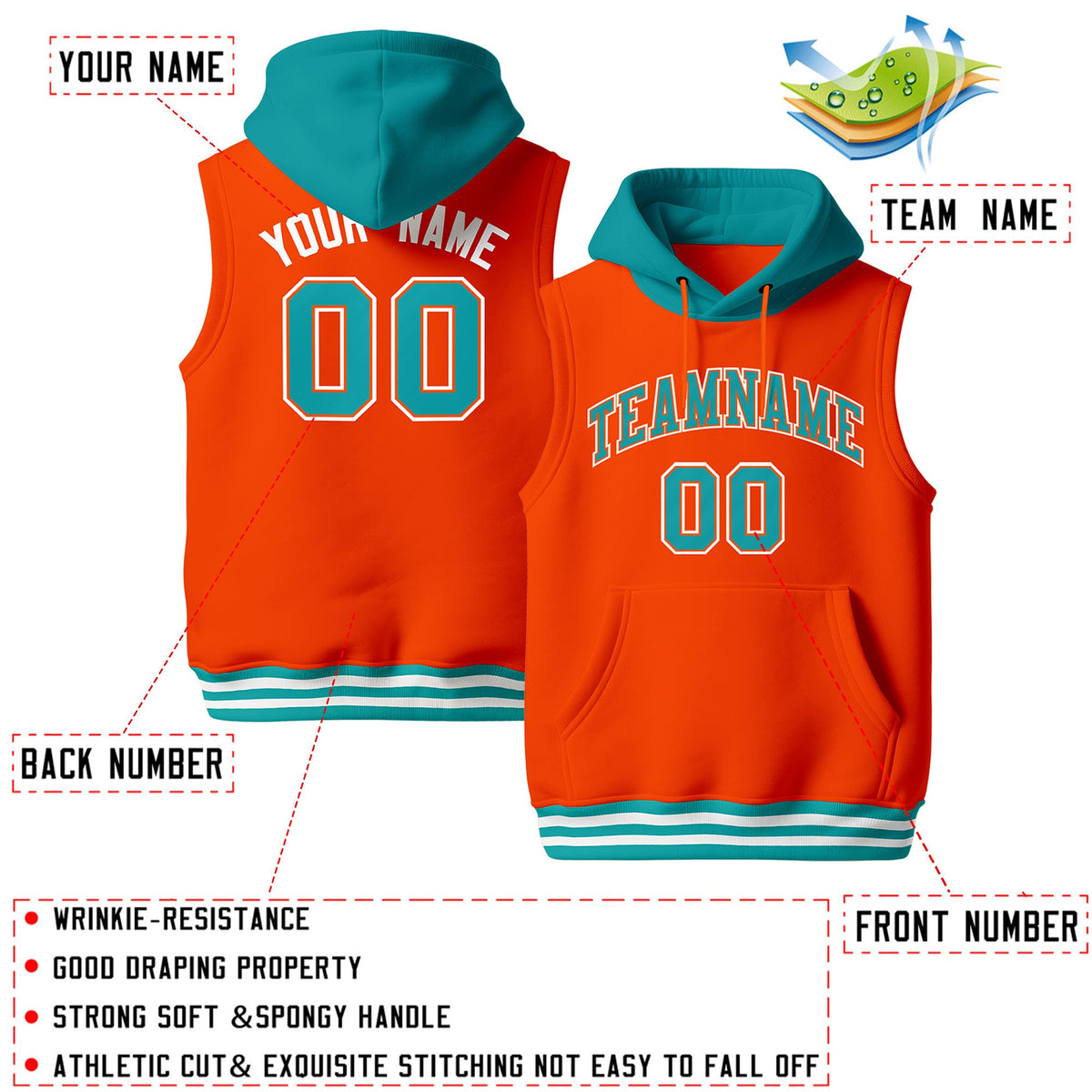 Custom Orange Aqua White sleeveless Classic style Hoodie| KXKSHOP