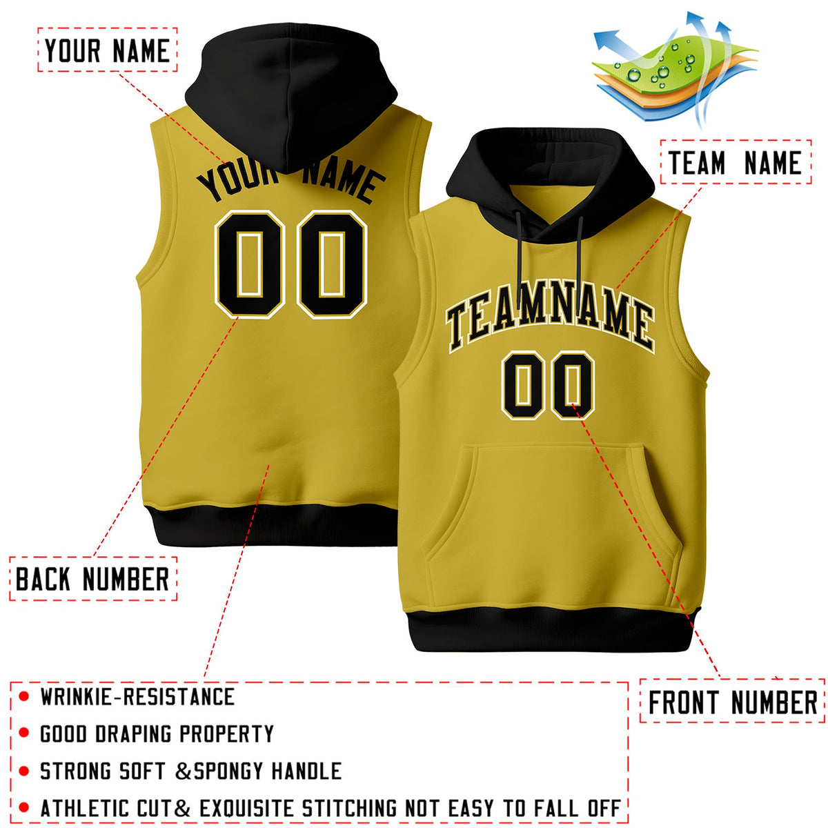 Custom Old Gold Black White sleeveless Classic style Hoodie| KXKSHOP