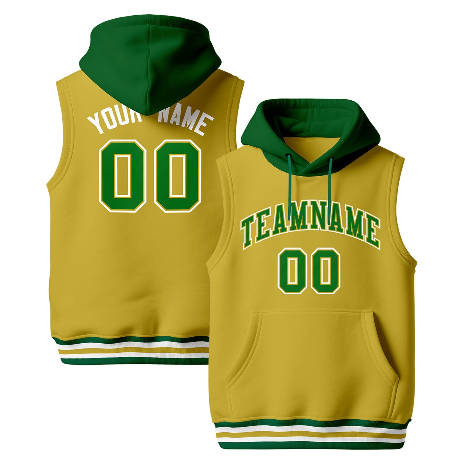 Custom Old Gold Kelly Green White sleeveless Classic style Hoodie| KXKSHOP