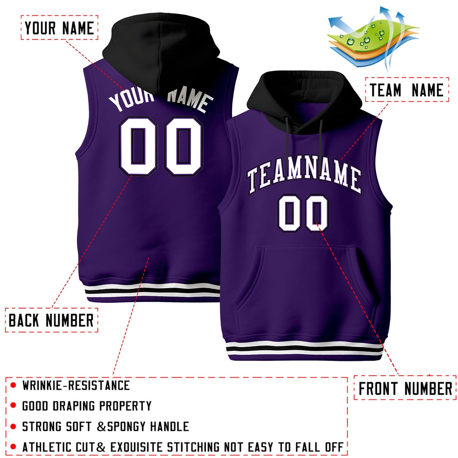 Custom Purple Black White sleeveless Classic style Hoodie| KXKSHOP