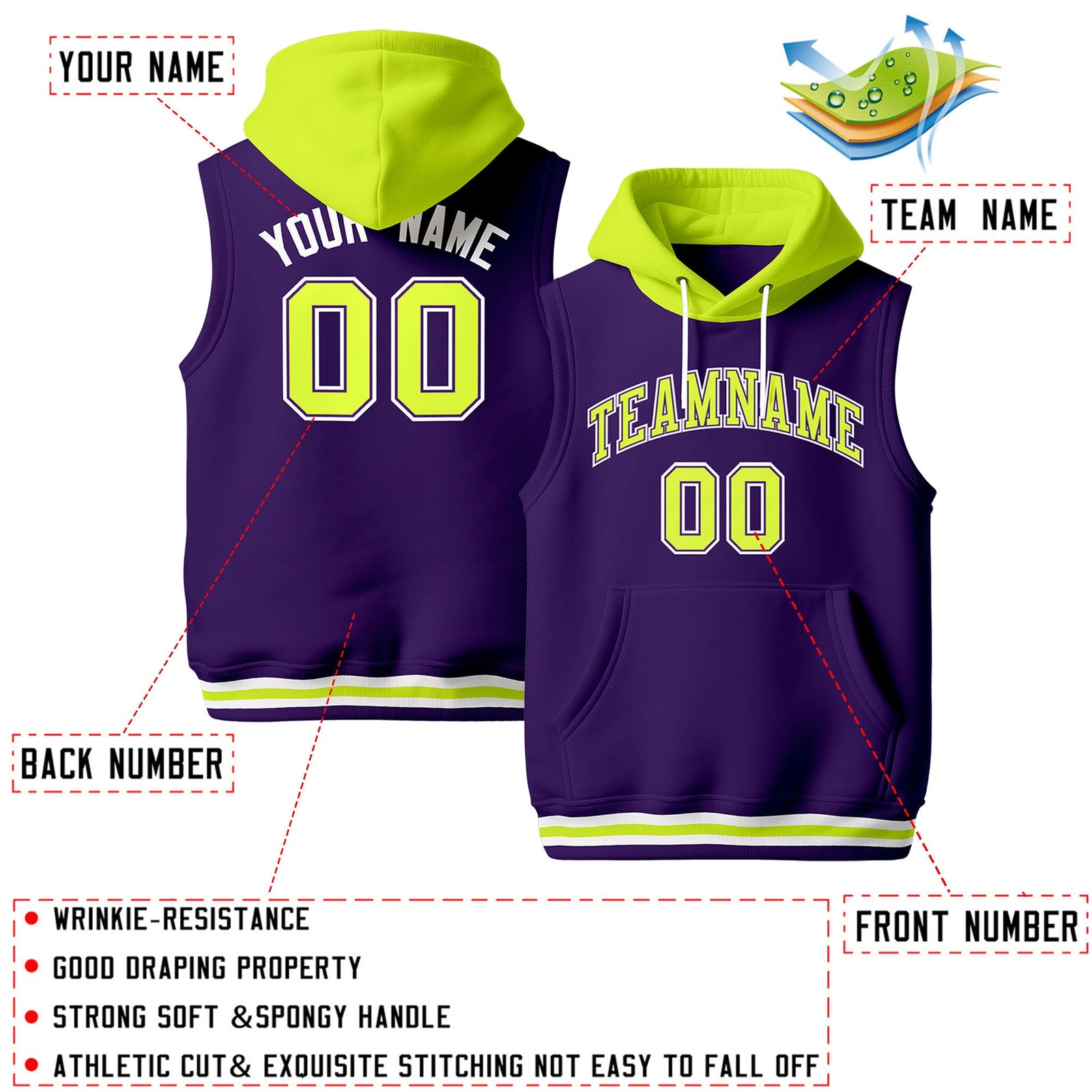 Custom Purple Fluorescent Green White sleeveless Classic style Hoodie| KXKSHOP