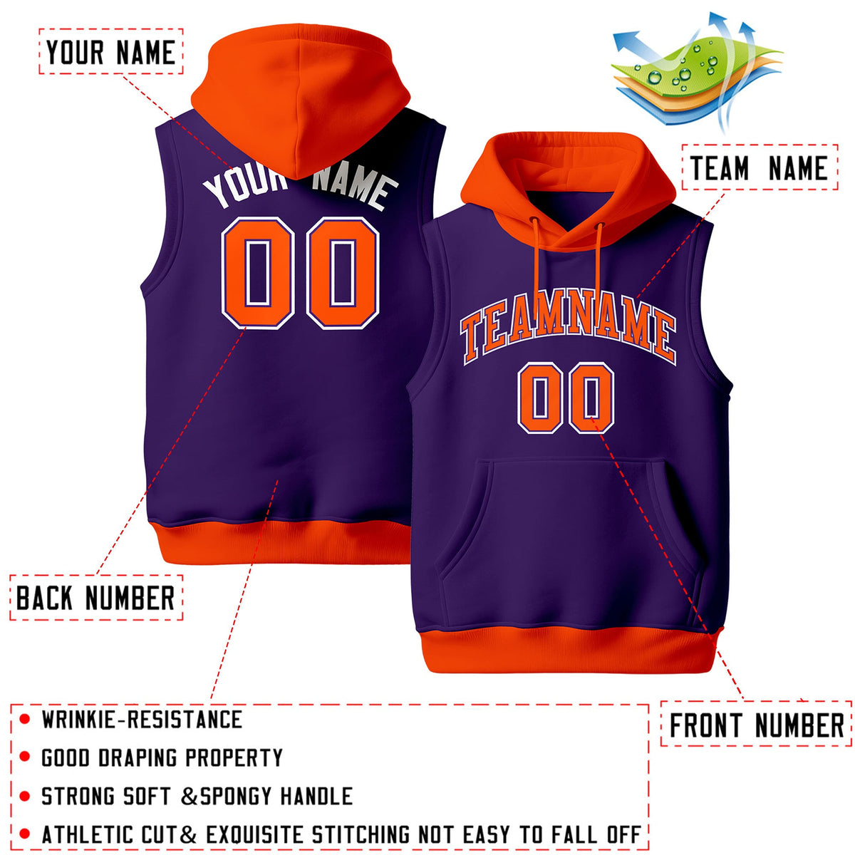 Custom Purple Orange White sleeveless Classic style Hoodie| KXKSHOP