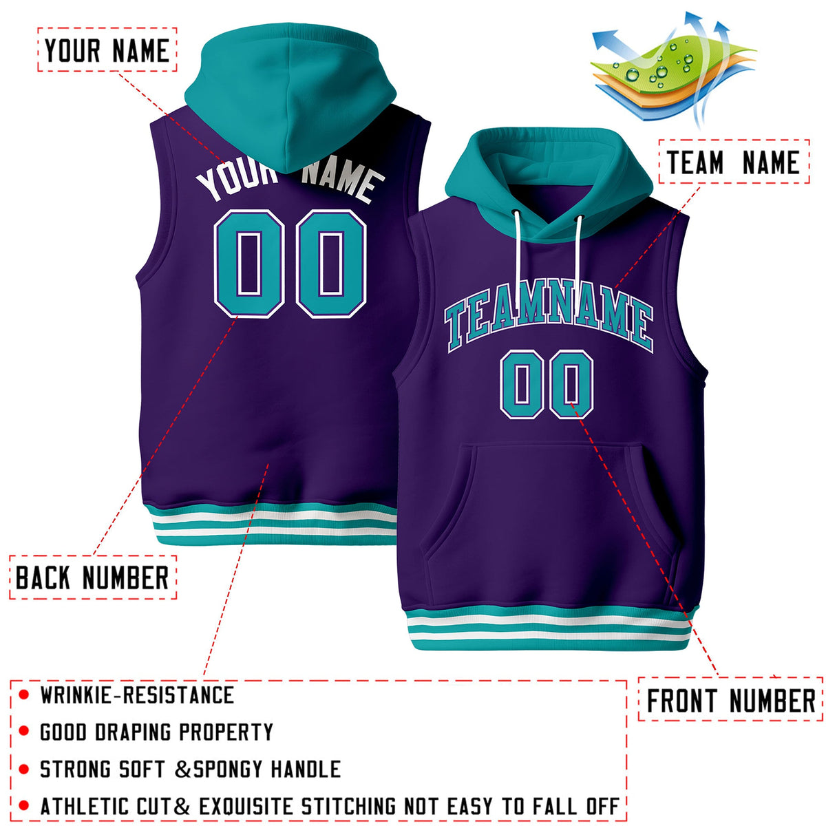 Custom Purple Aqua White sleeveless Classic style Hoodie| KXKSHOP