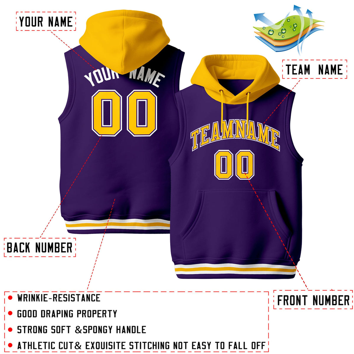 Custom Purple Gold White sleeveless Classic style Hoodie| KXKSHOP