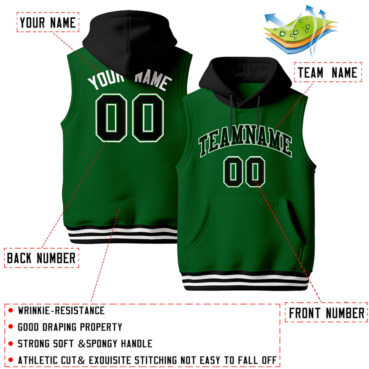 Custom Kelly Green Black White sleeveless Classic style Hoodie| KXKSHOP