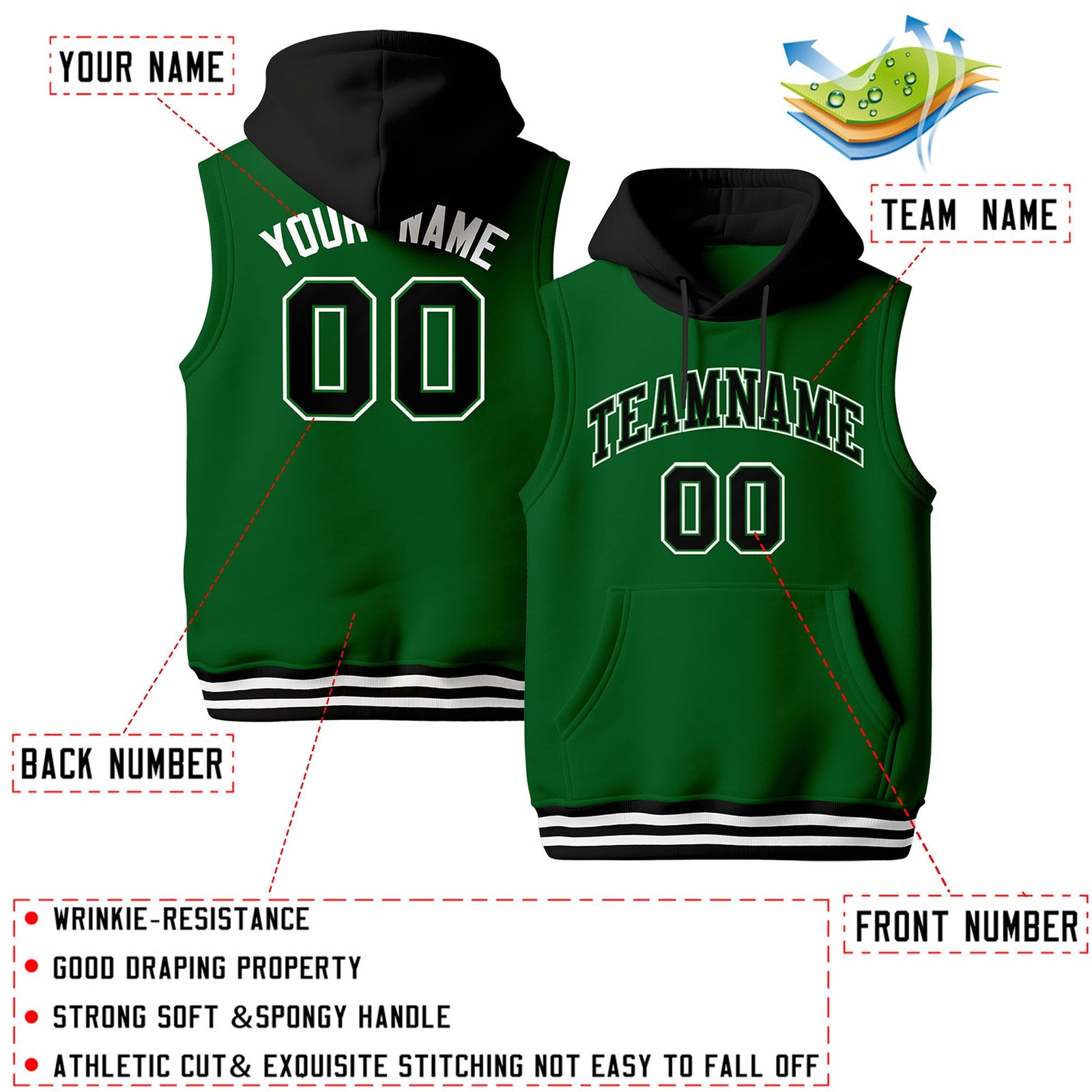 Custom Kelly Green Black White sleeveless Classic style Hoodie| KXKSHOP