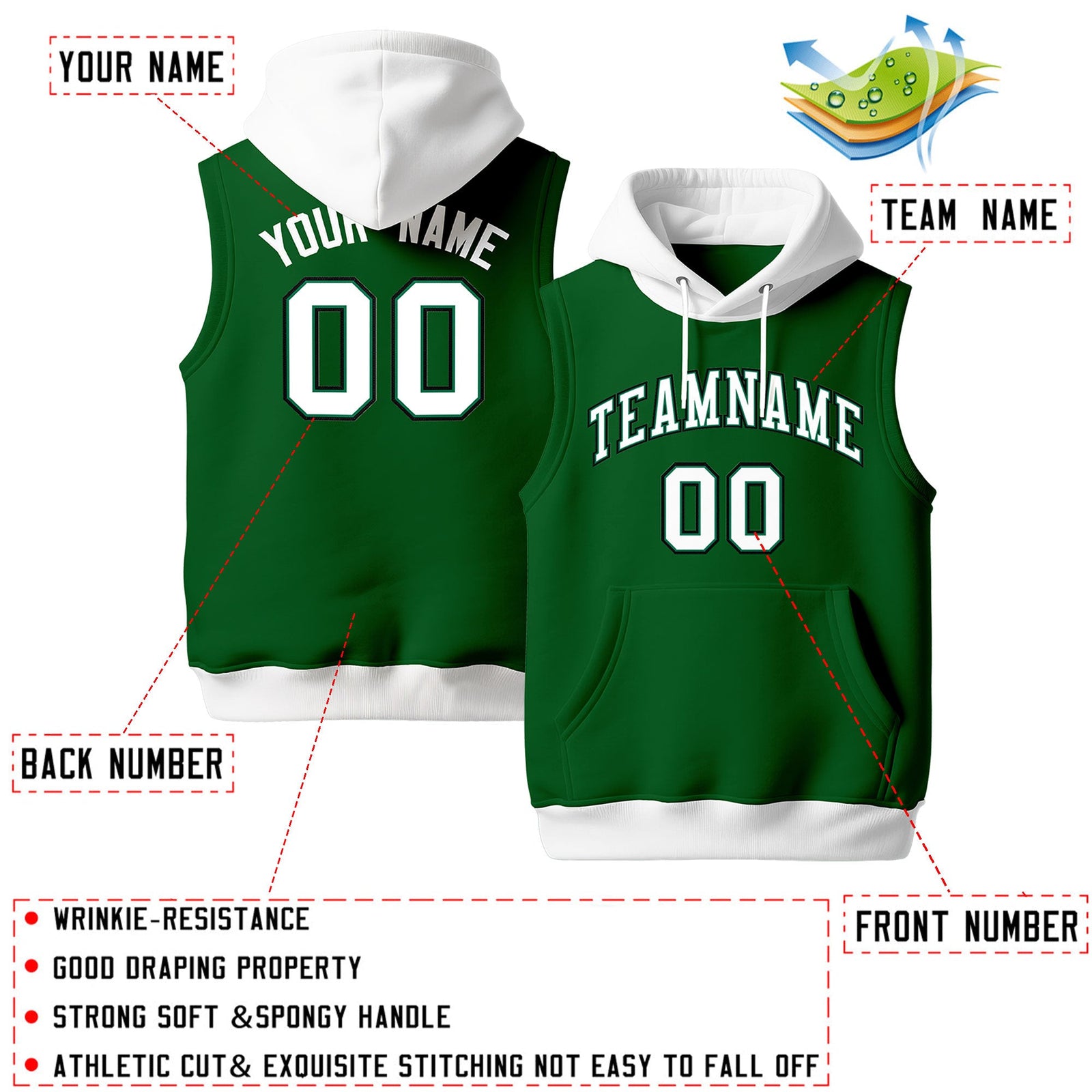 Custom Kelly Green White Black sleeveless Classic style Hoodie| KXKSHOP