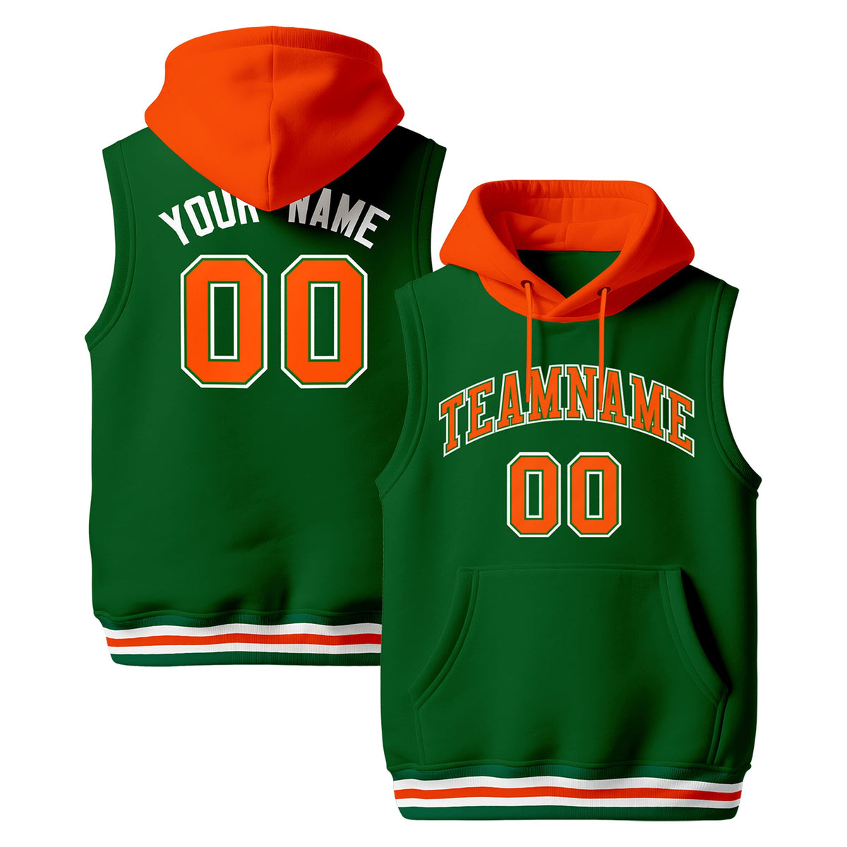 Custom Kelly Green Orange White sleeveless Classic style Hoodie| KXKSHOP