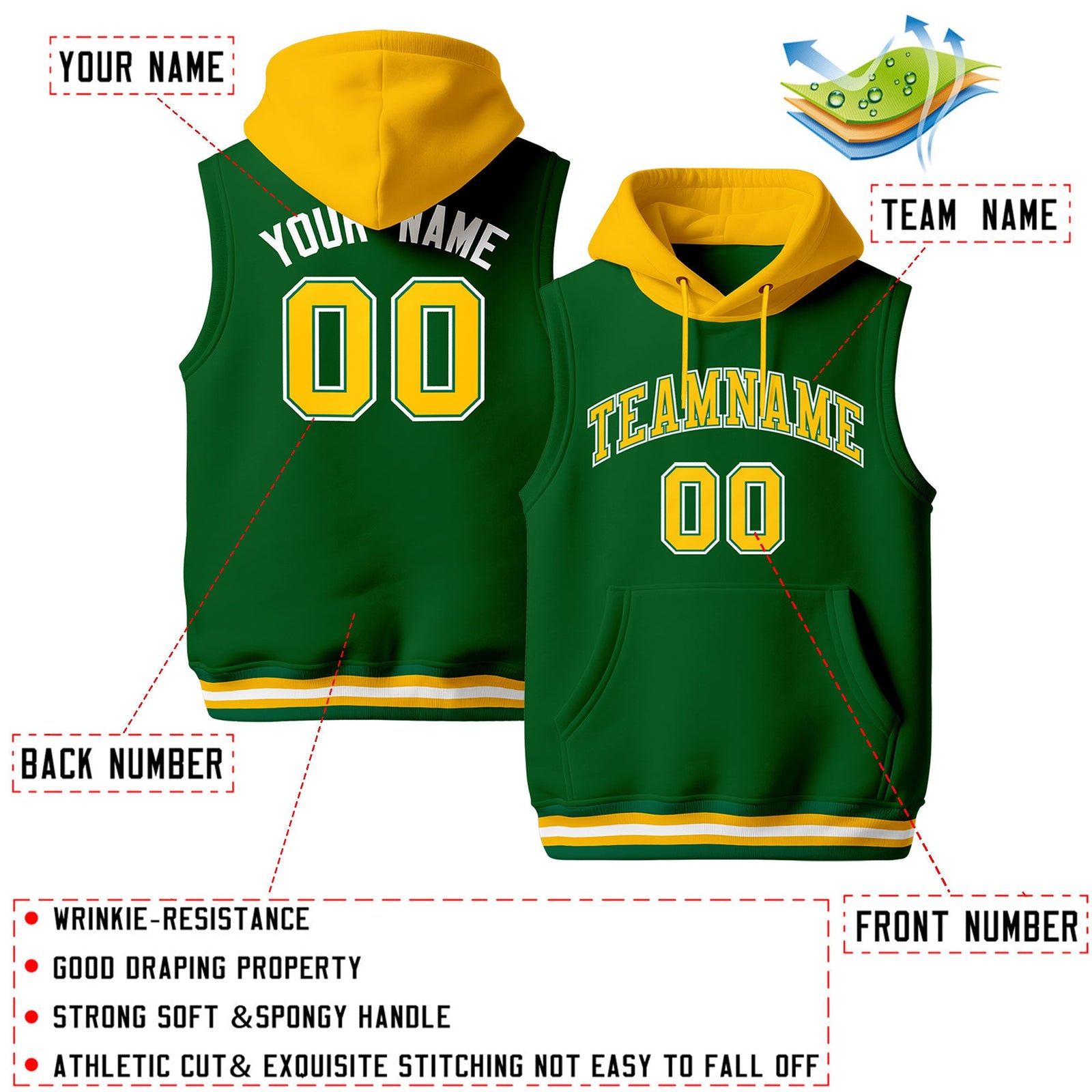 Custom Kelly Green Gold White sleeveless Classic style Hoodie| KXKSHOP