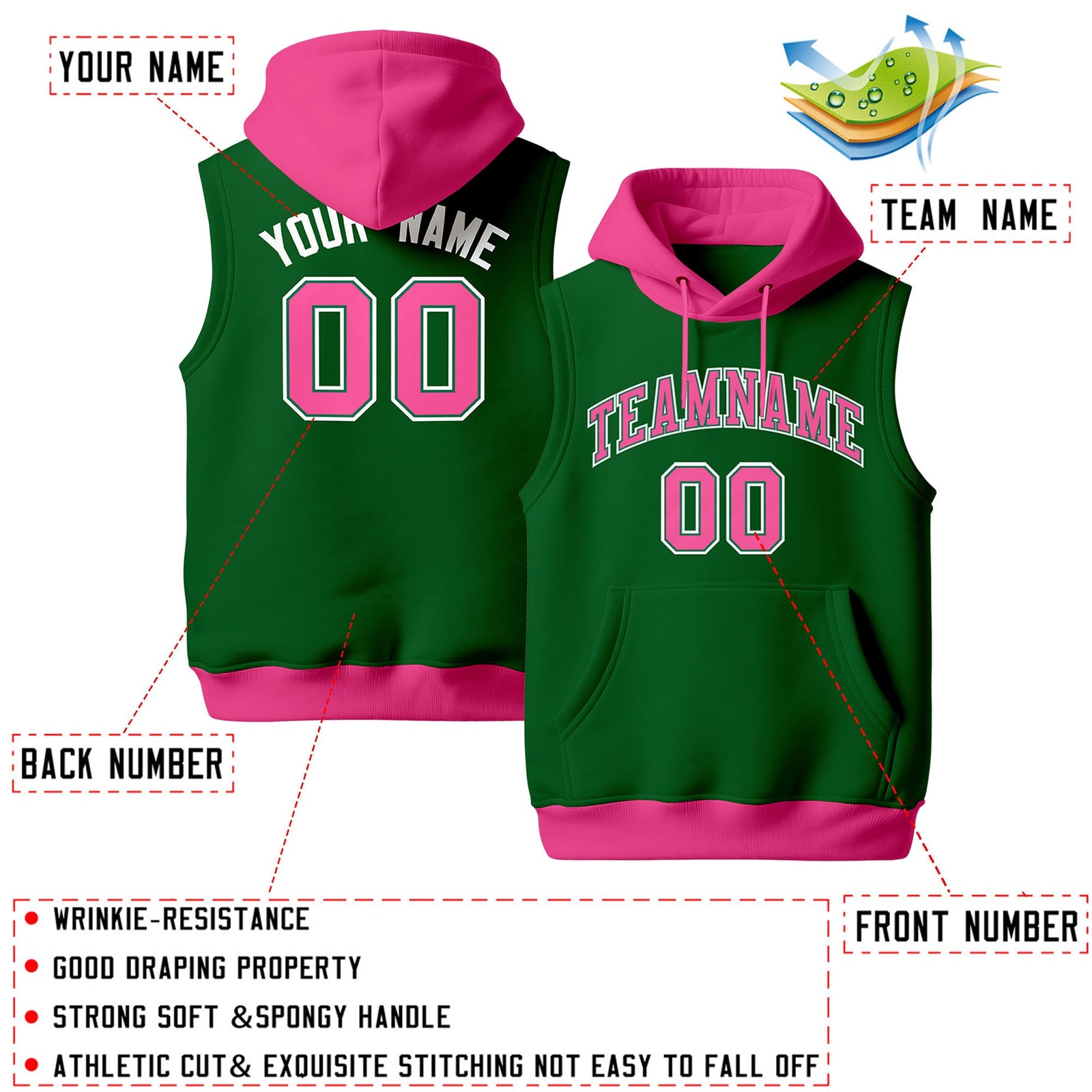 Custom Kelly Green Pink White sleeveless Classic style Hoodie| KXKSHOP