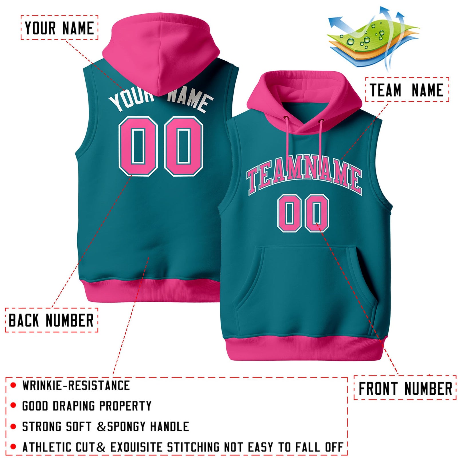 Custom Teal Pink White sleeveless Classic style Hoodie| KXKSHOP