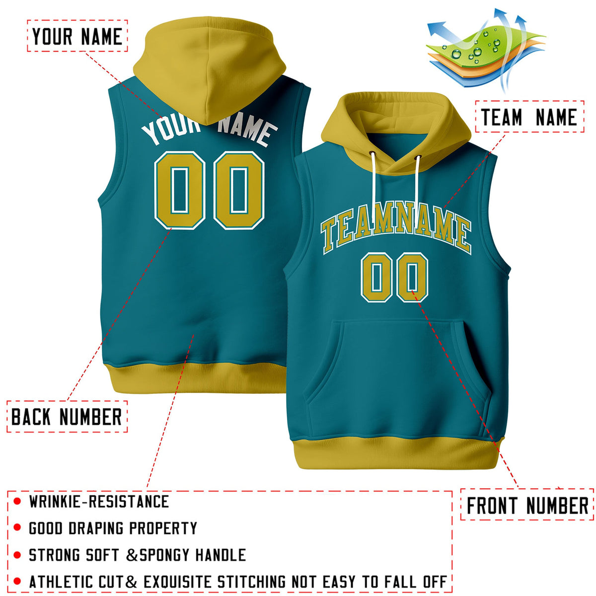Custom Teal Old Gold White sleeveless Classic style Hoodie| KXKSHOP