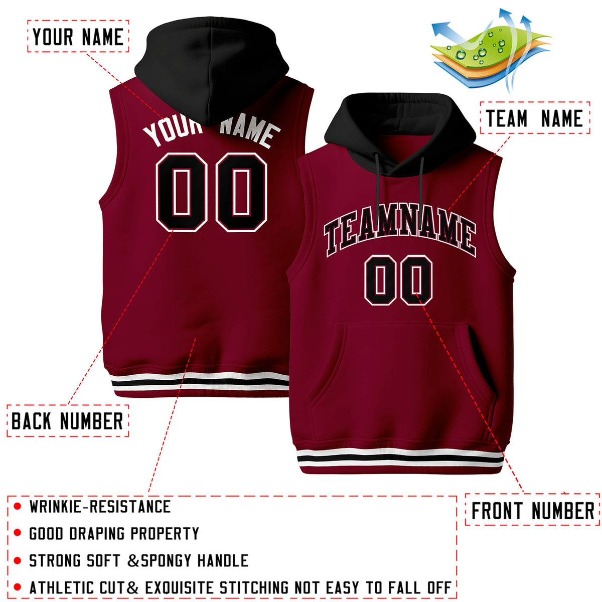 Custom Crimson Black White sleeveless Classic style Hoodie| KXKSHOP