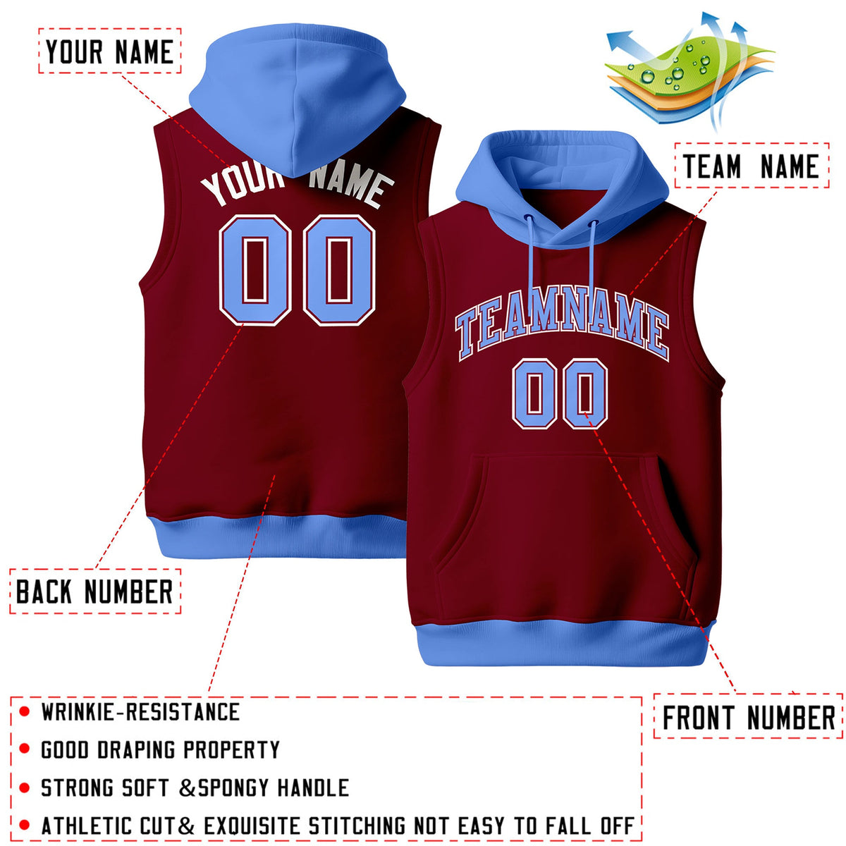 Custom Crimson Powder Blue White sleeveless Classic style Hoodie| KXKSHOP