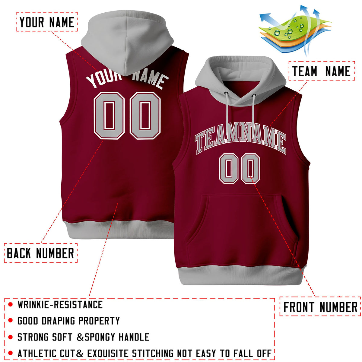 Custom Crimson Gray White sleeveless Classic style Hoodie| KXKSHOP