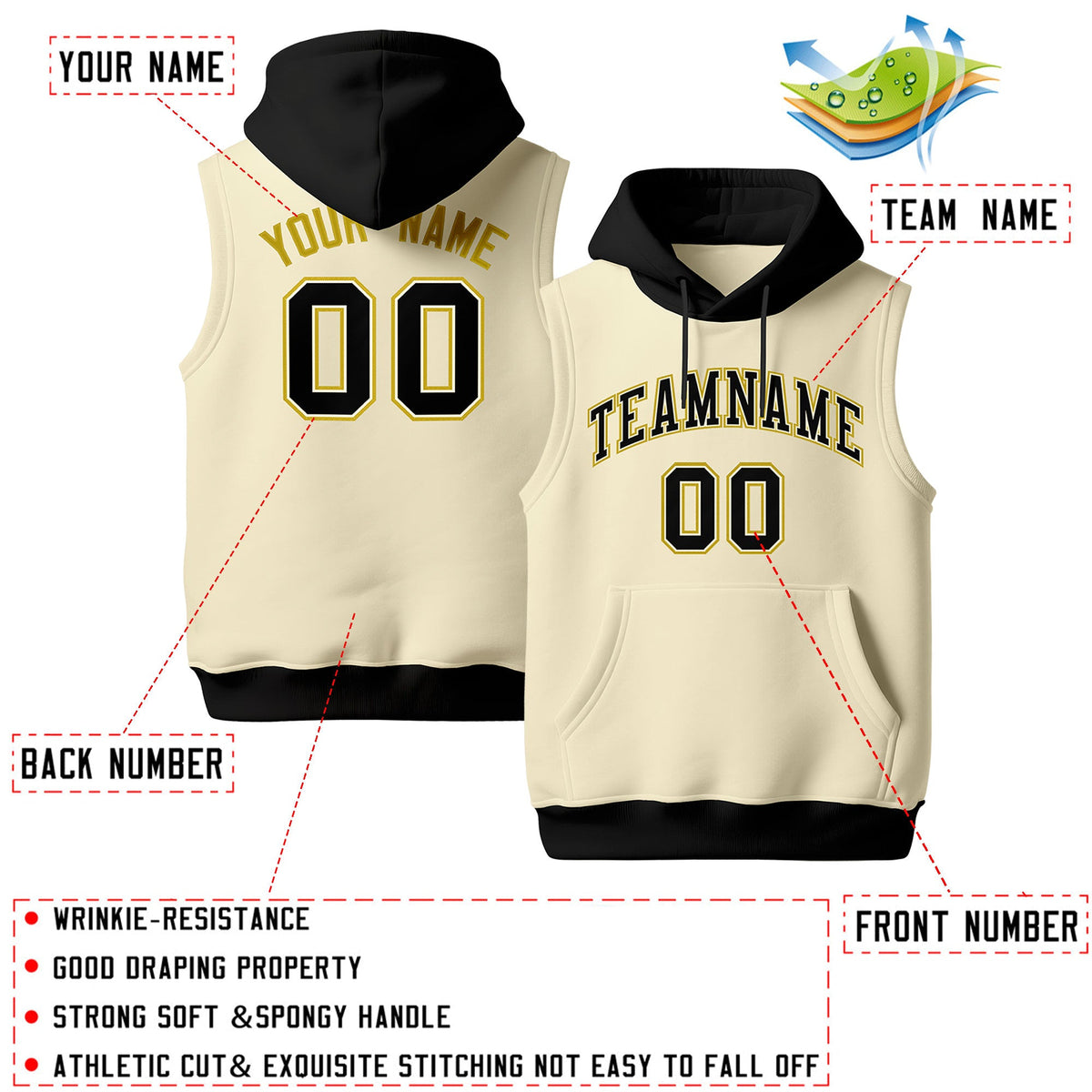 Custom Cream Black Old Gold sleeveless Classic style Hoodie| KXKSHOP