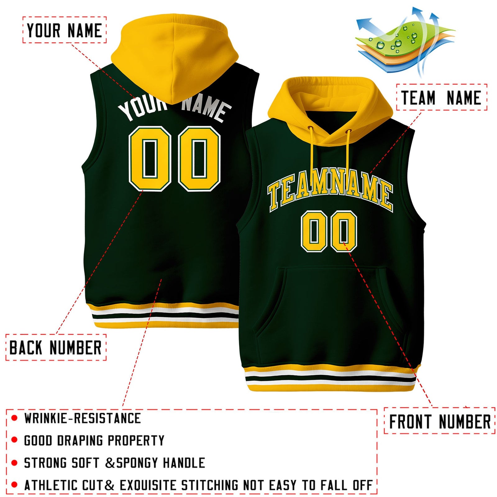 Custom Green Gold White sleeveless Classic style Hoodie| KXKSHOP