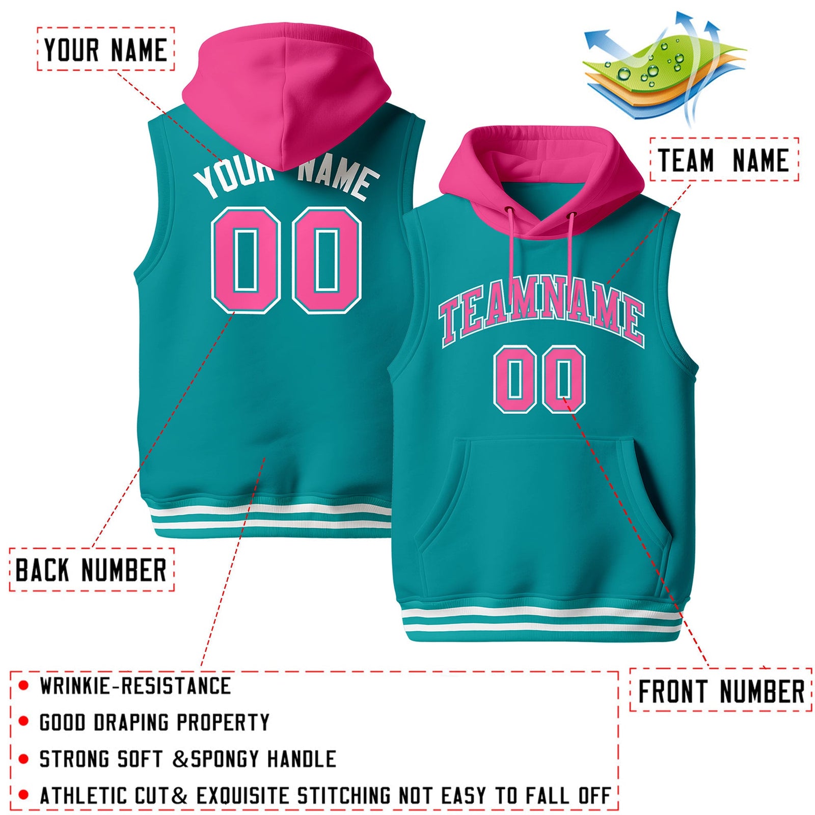 Custom Aqua Pink White sleeveless Classic style Hoodie| KXKSHOP
