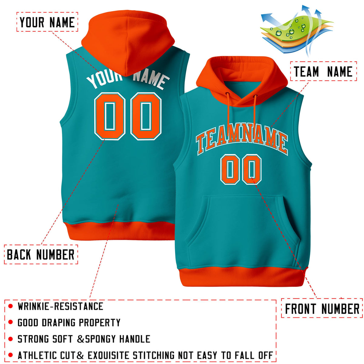 Custom Aqua Orange White sleeveless Classic style Hoodie| KXKSHOP