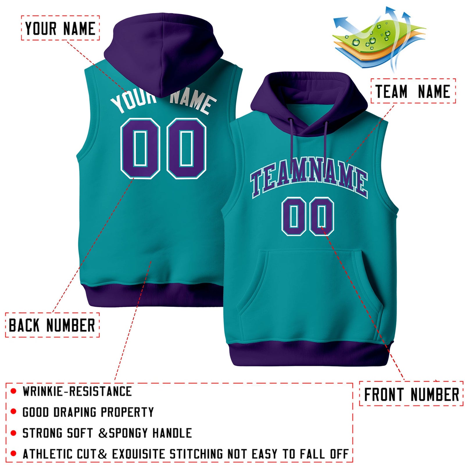 Custom Aqua Purple White sleeveless Classic style Hoodie| KXKSHOP