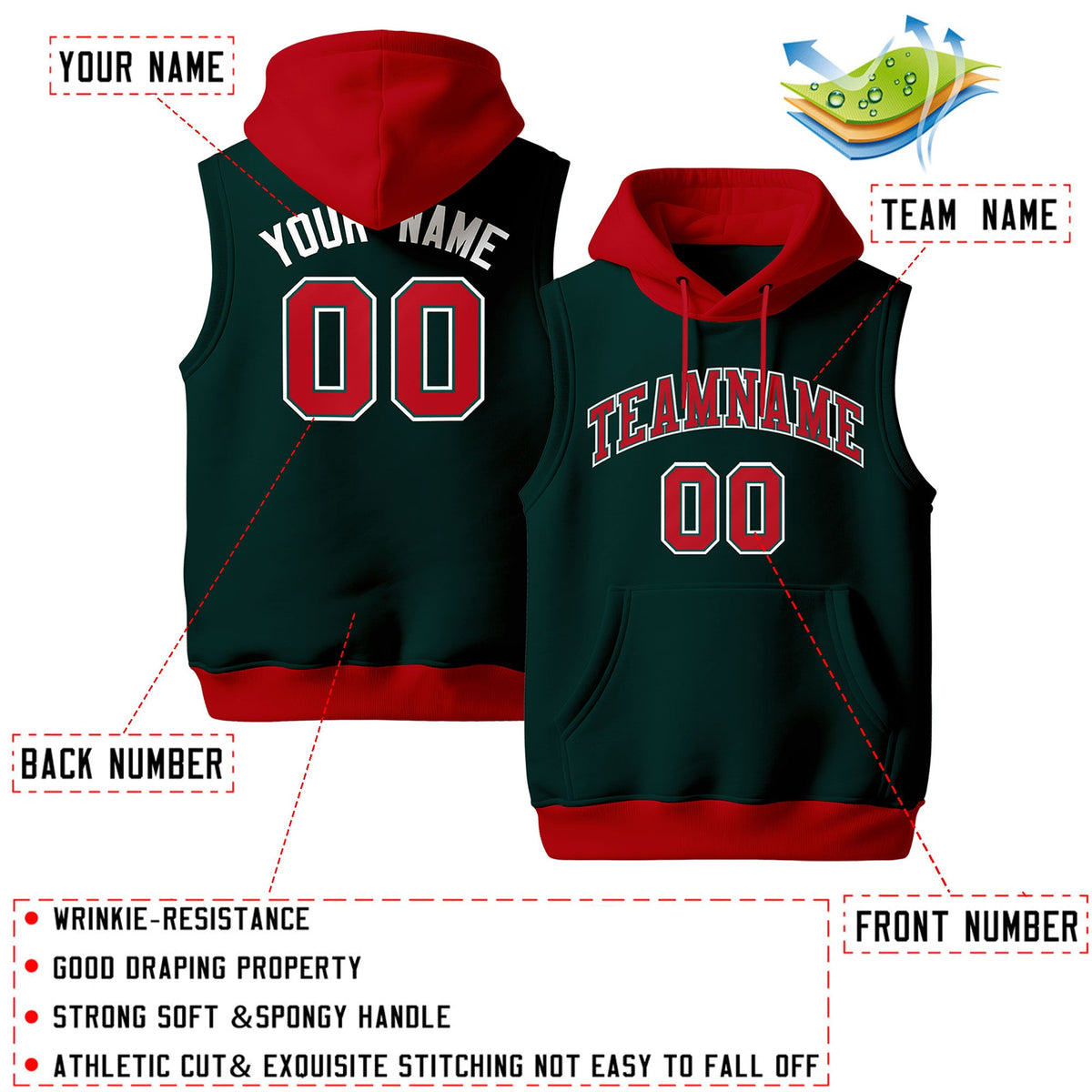 Custom Midnight Green Red White sleeveless Classic style Hoodie| KXKSHOP