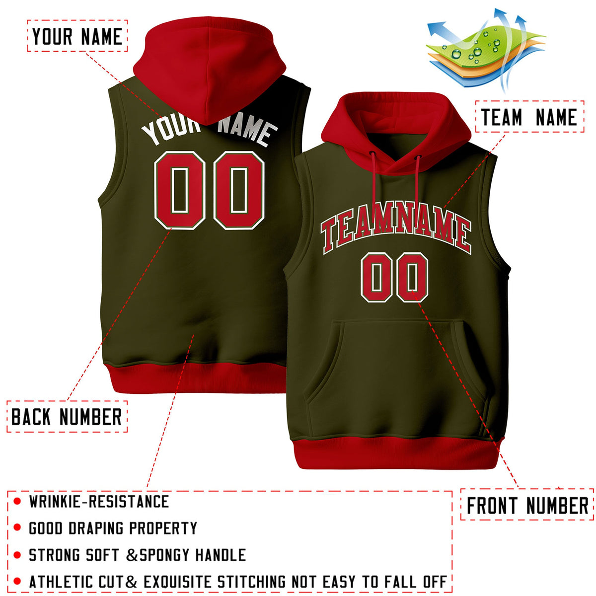 Custom Olive Red White sleeveless Classic style Hoodie| KXKSHOP