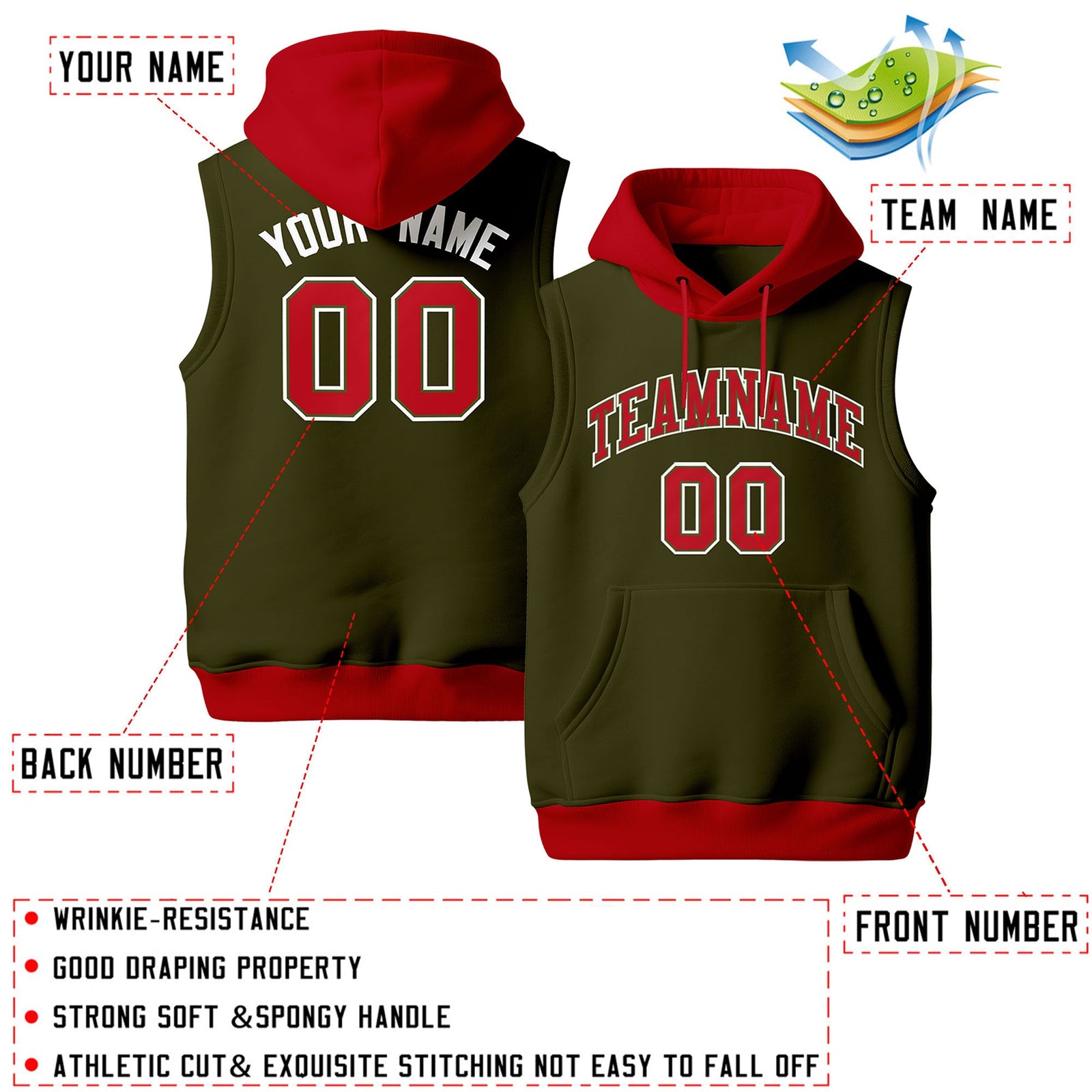 Custom Olive Red White sleeveless Classic style Hoodie| KXKSHOP