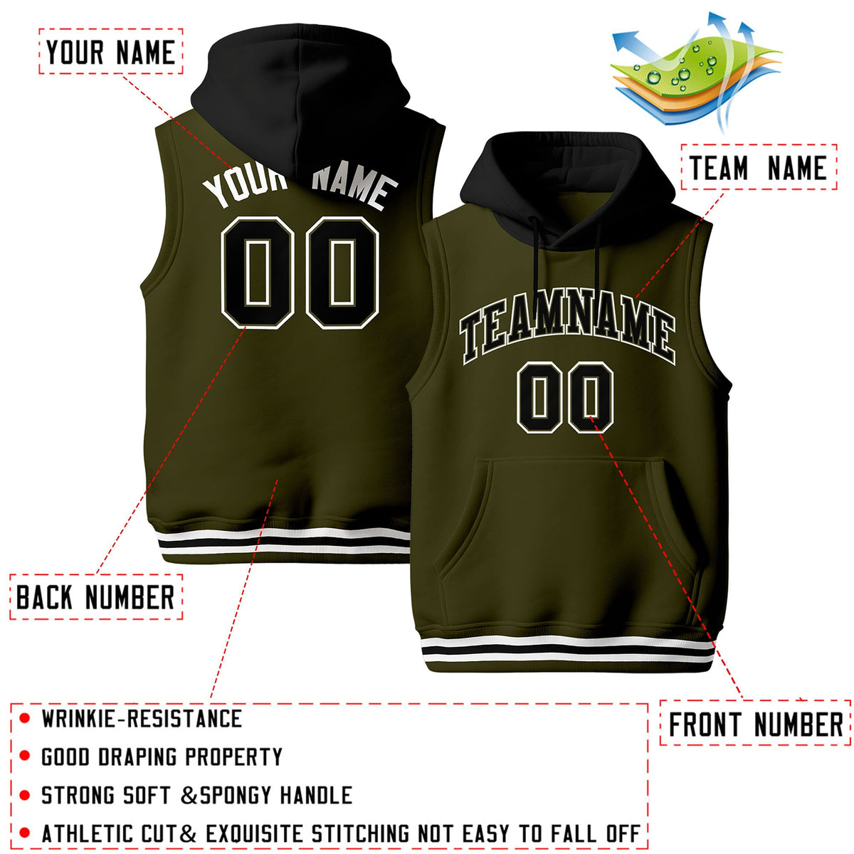 Custom Olive Black White sleeveless Classic style Hoodie| KXKSHOP