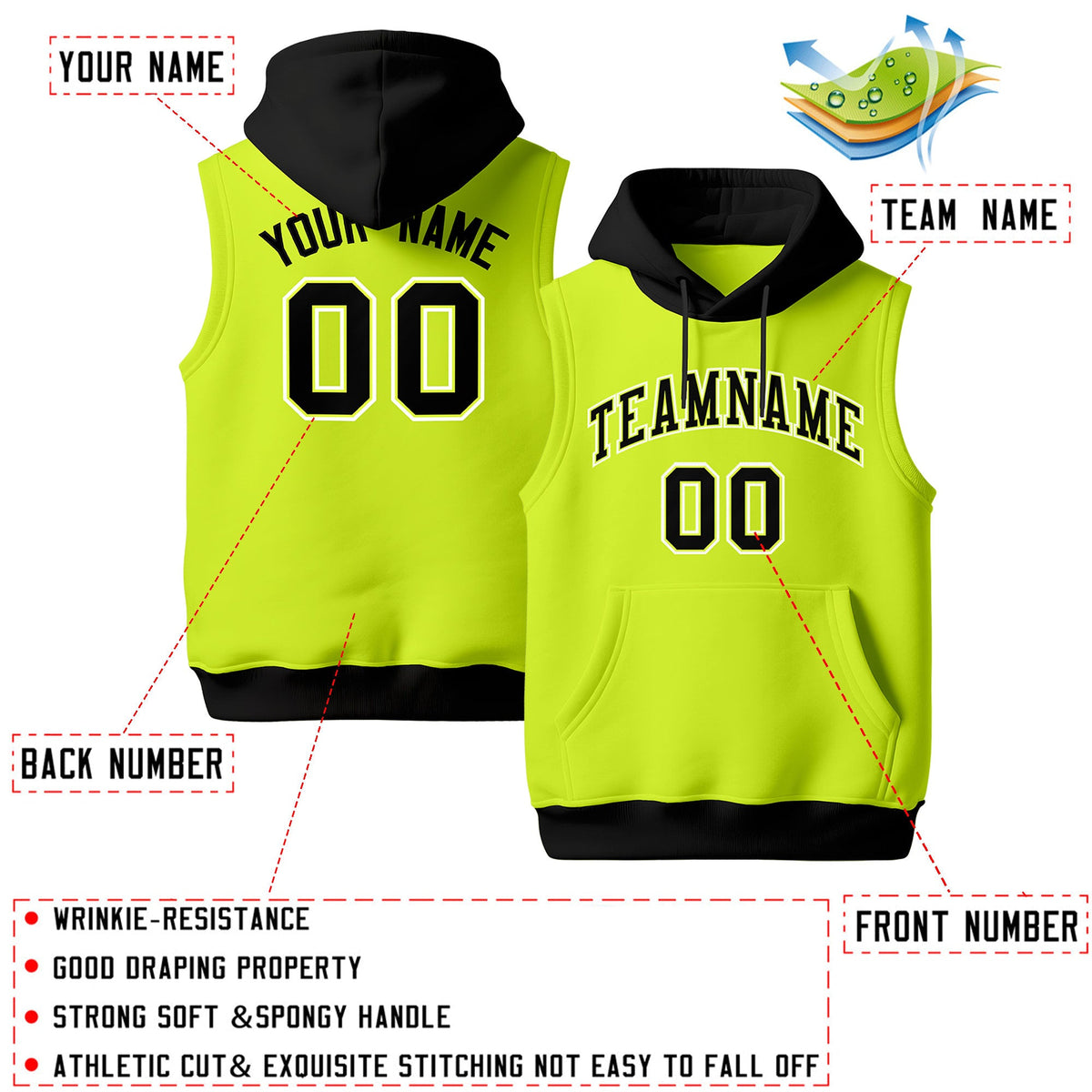 Custom Fluorescent Green Black White sleeveless Classic style Hoodie| KXKSHOP
