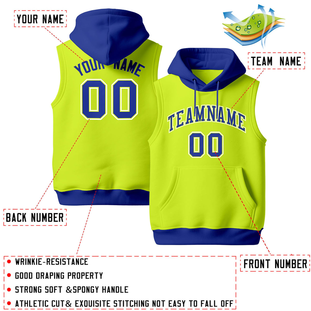 Custom Fluorescent Green Royal Blue White sleeveless Classic style Hoodie| KXKSHOP