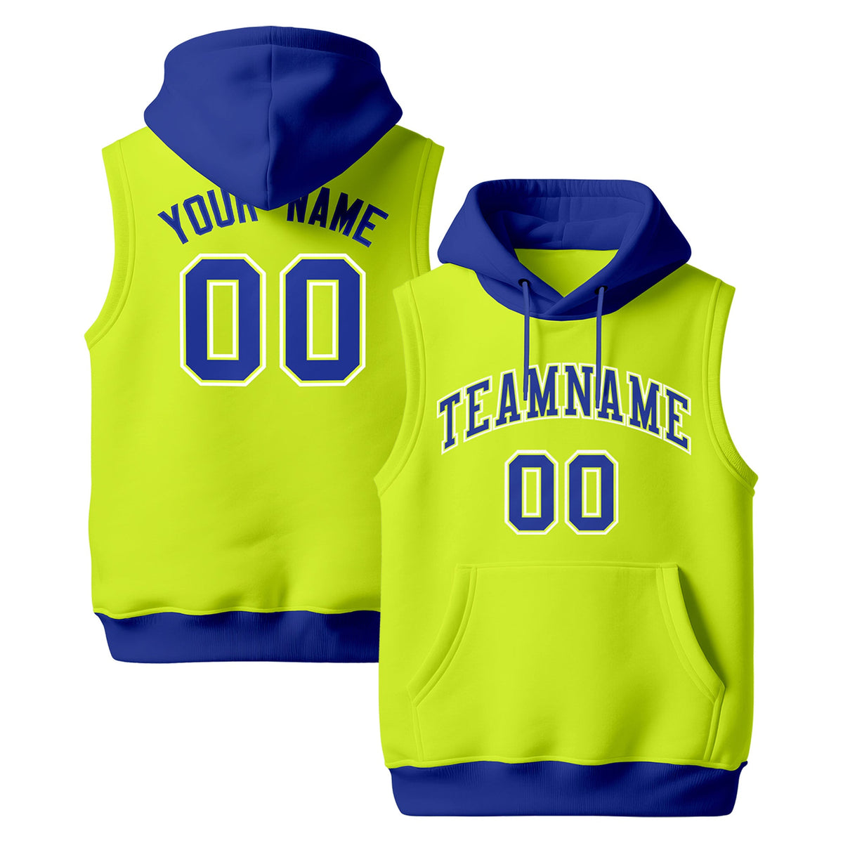 Custom Fluorescent Green Royal Blue White sleeveless Classic style Hoodie| KXKSHOP