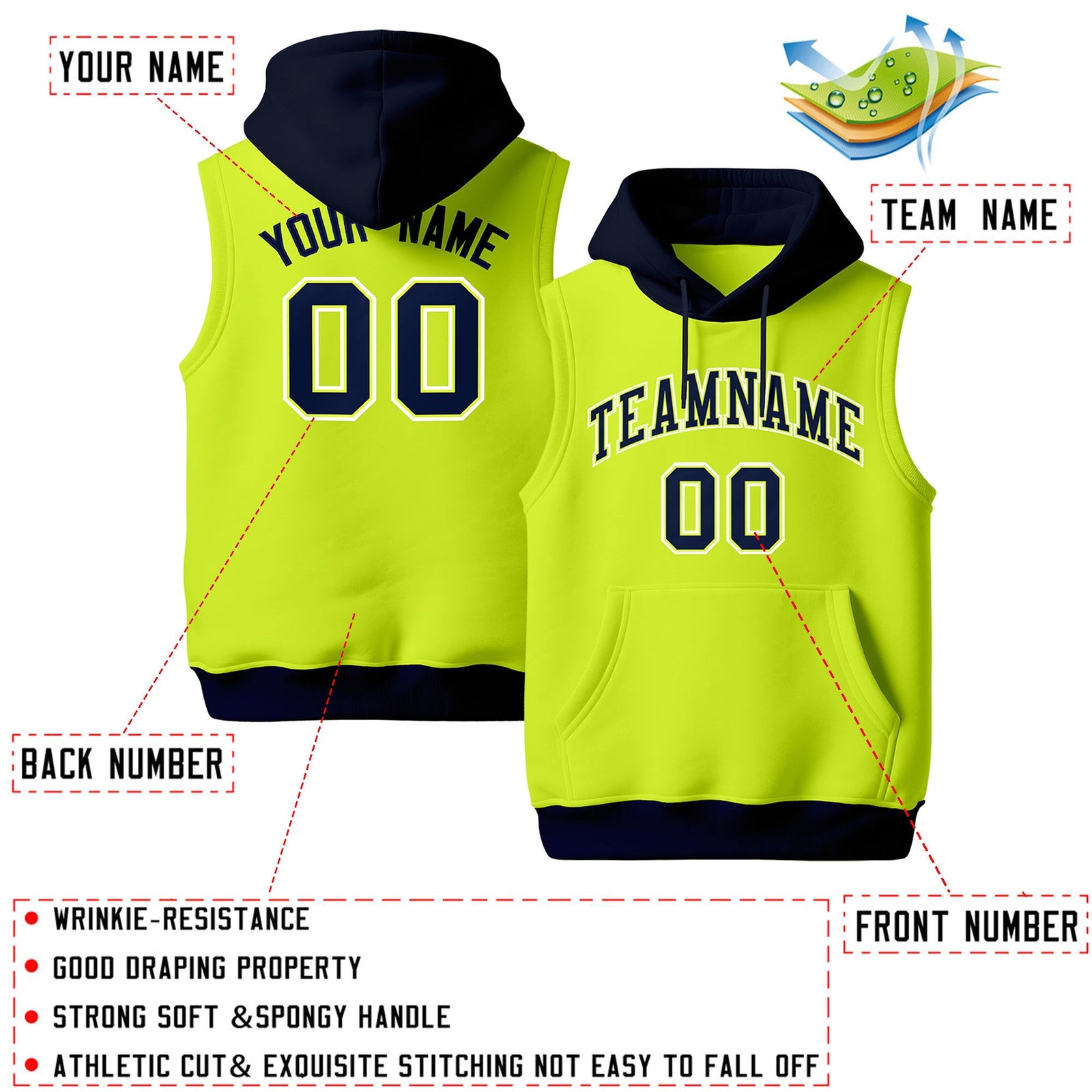 Custom Fluorescent Green Navy White sleeveless Classic style Hoodie| KXKSHOP