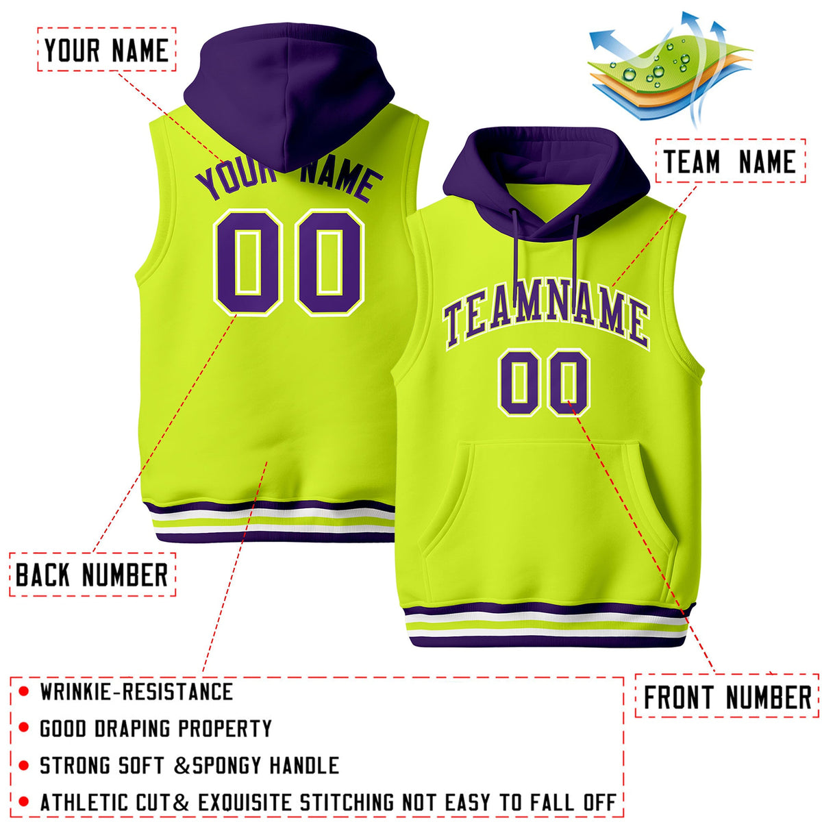 Custom Fluorescent Green Purple White sleeveless Classic style Hoodie| KXKSHOP