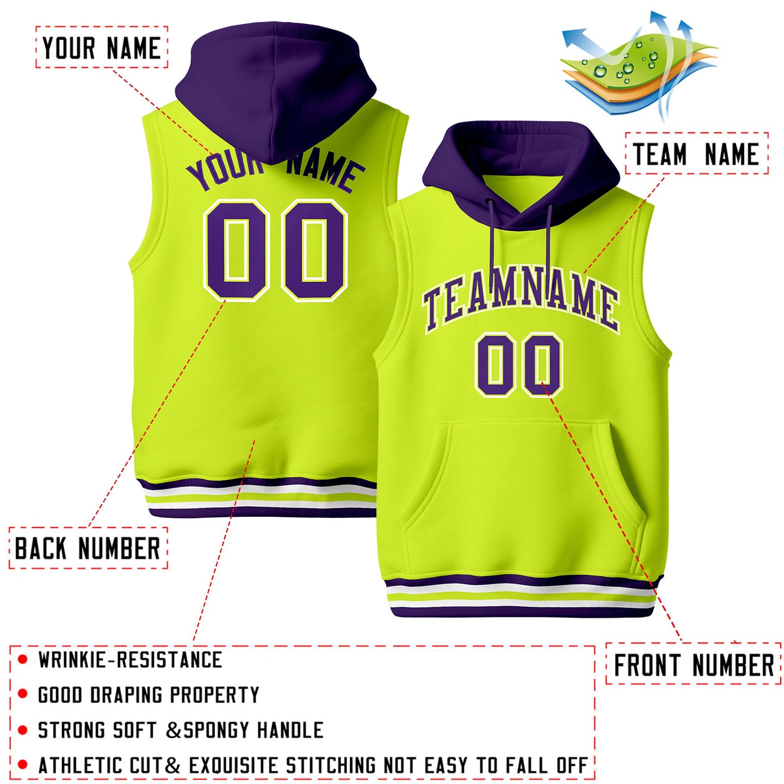 Custom Fluorescent Green Purple White sleeveless Classic style Hoodie| KXKSHOP